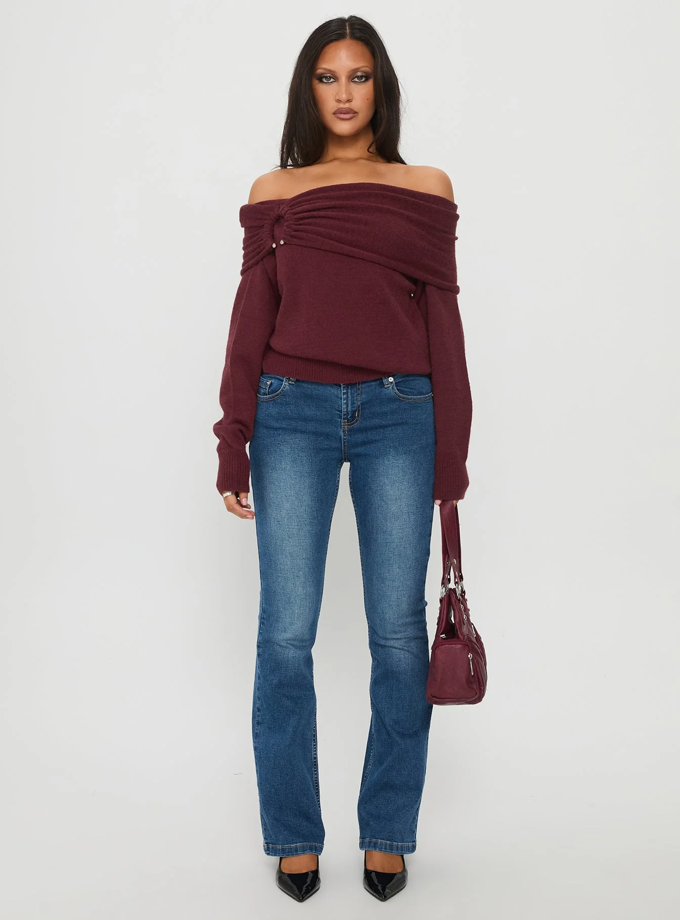 Viora Off Shoulder Knit Sweater Wine - Image 7