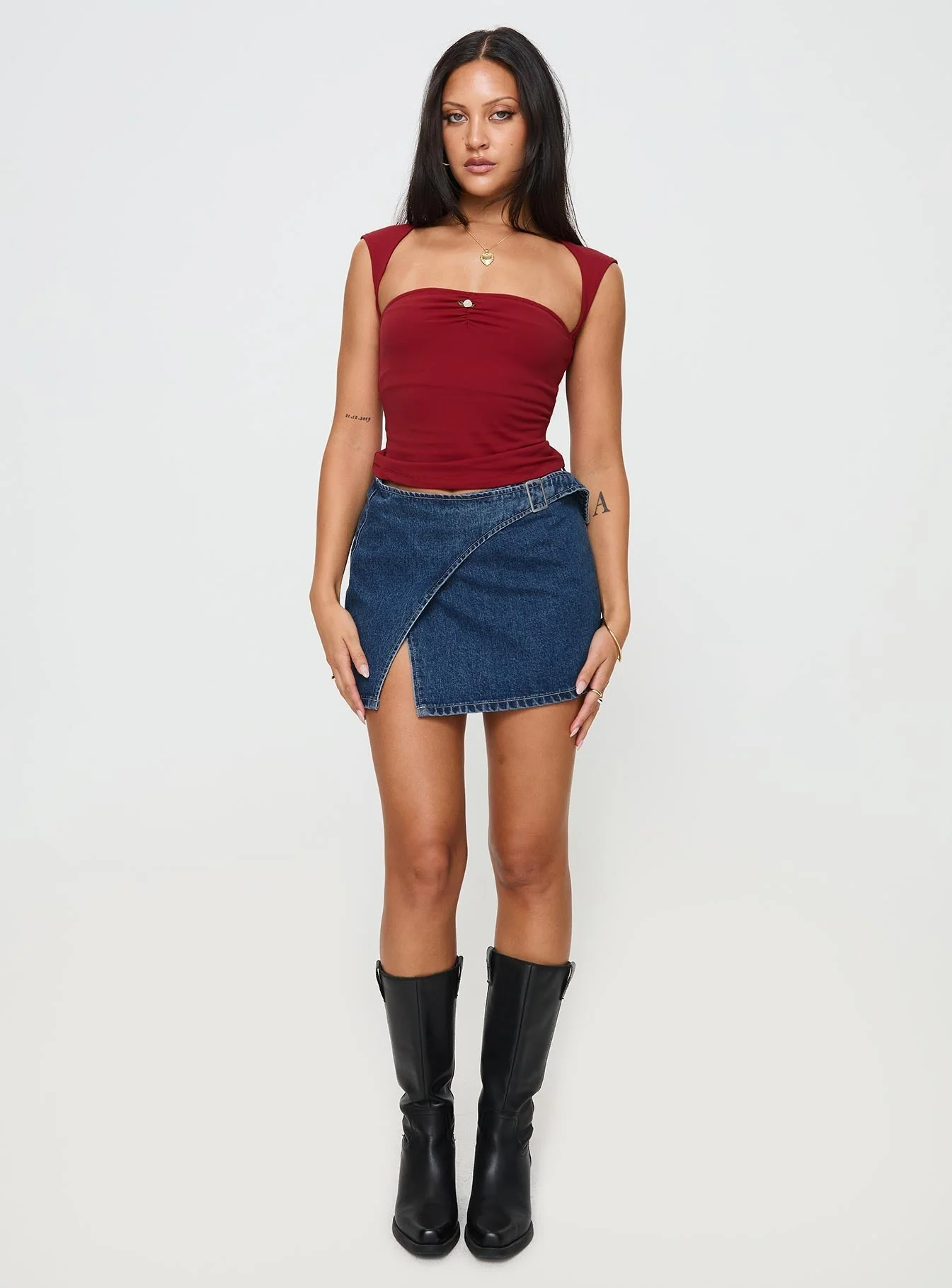 Wait Up Denim Wrap Mini Skirt Mid Wash Tall - Image 3