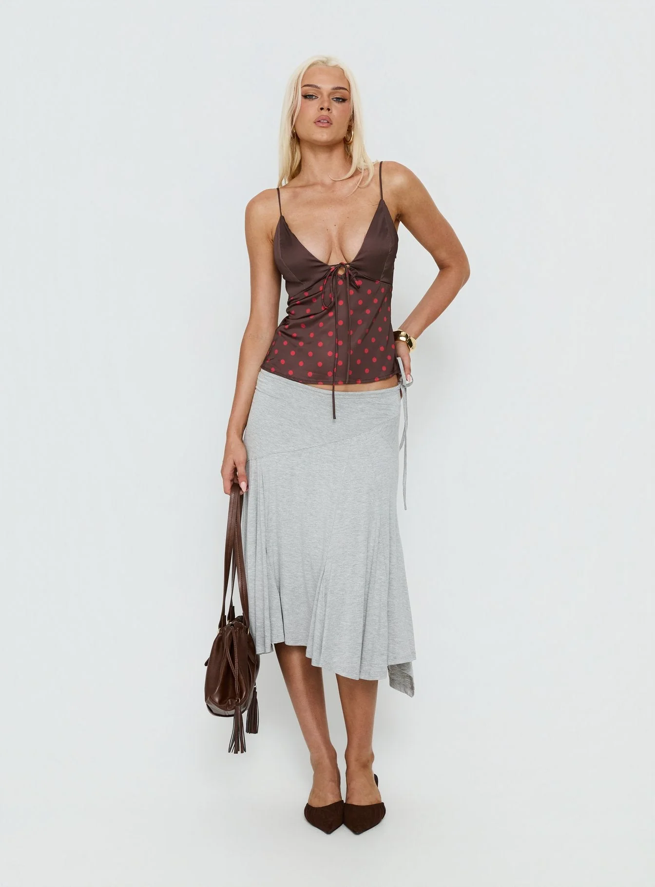 Warm Light Tie Detail Satin Cami Top Chocolate Polka Dot - Image 3