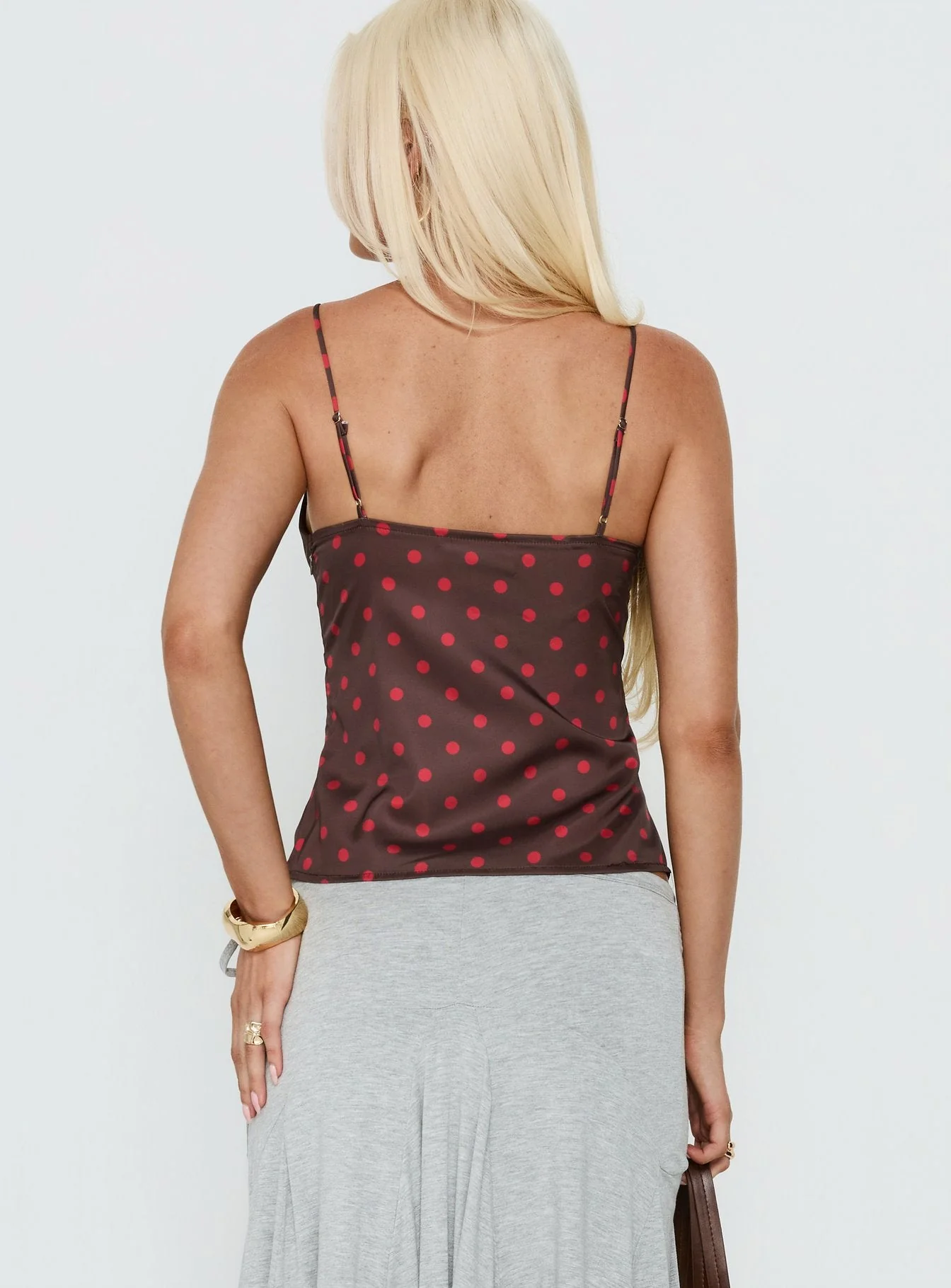 Warm Light Tie Detail Satin Cami Top Chocolate Polka Dot - Image 5