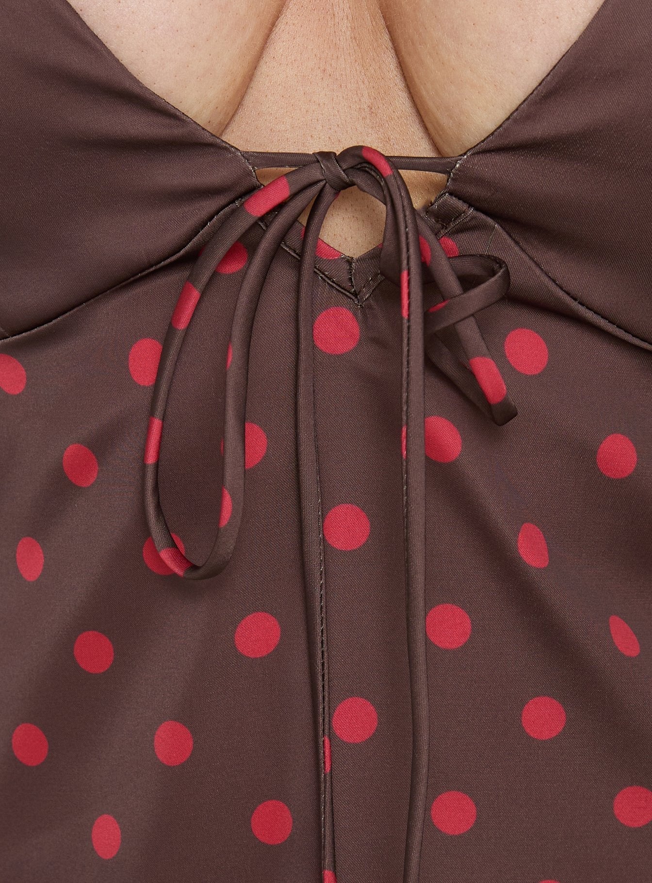 Warm Light Tie Detail Satin Cami Top Chocolate Polka Dot - Image 6