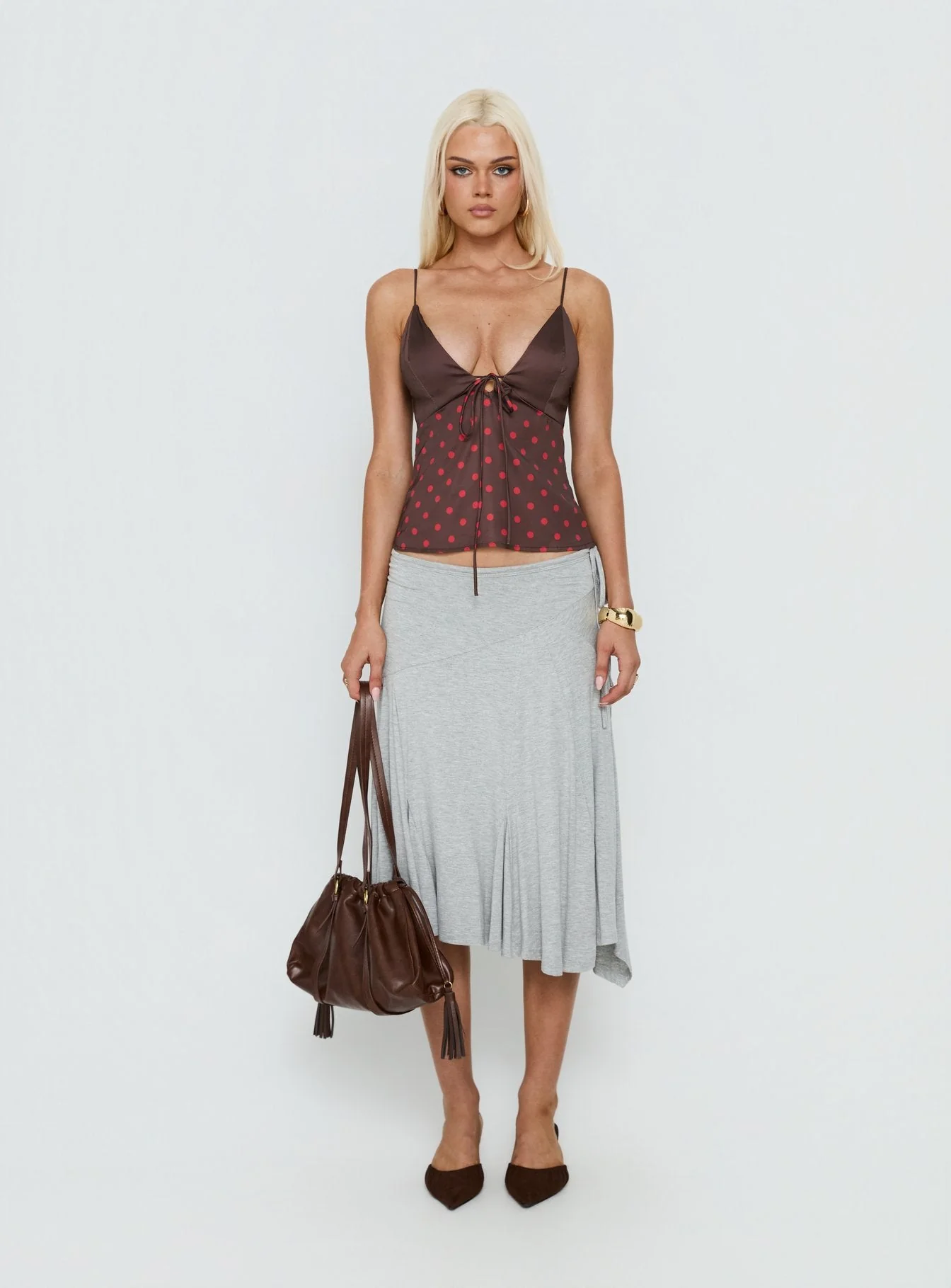 Warm Light Tie Detail Satin Cami Top Chocolate Polka Dot - Image 7