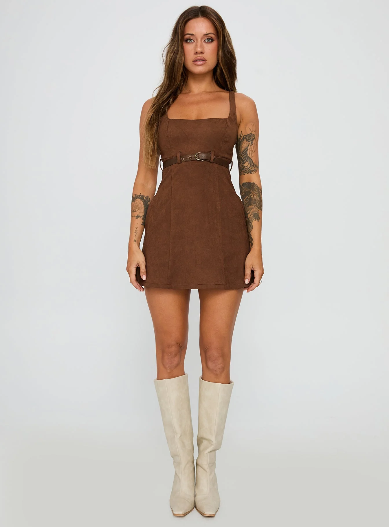 Way Back In Faux Suede Mini Dress Brown - Image 6