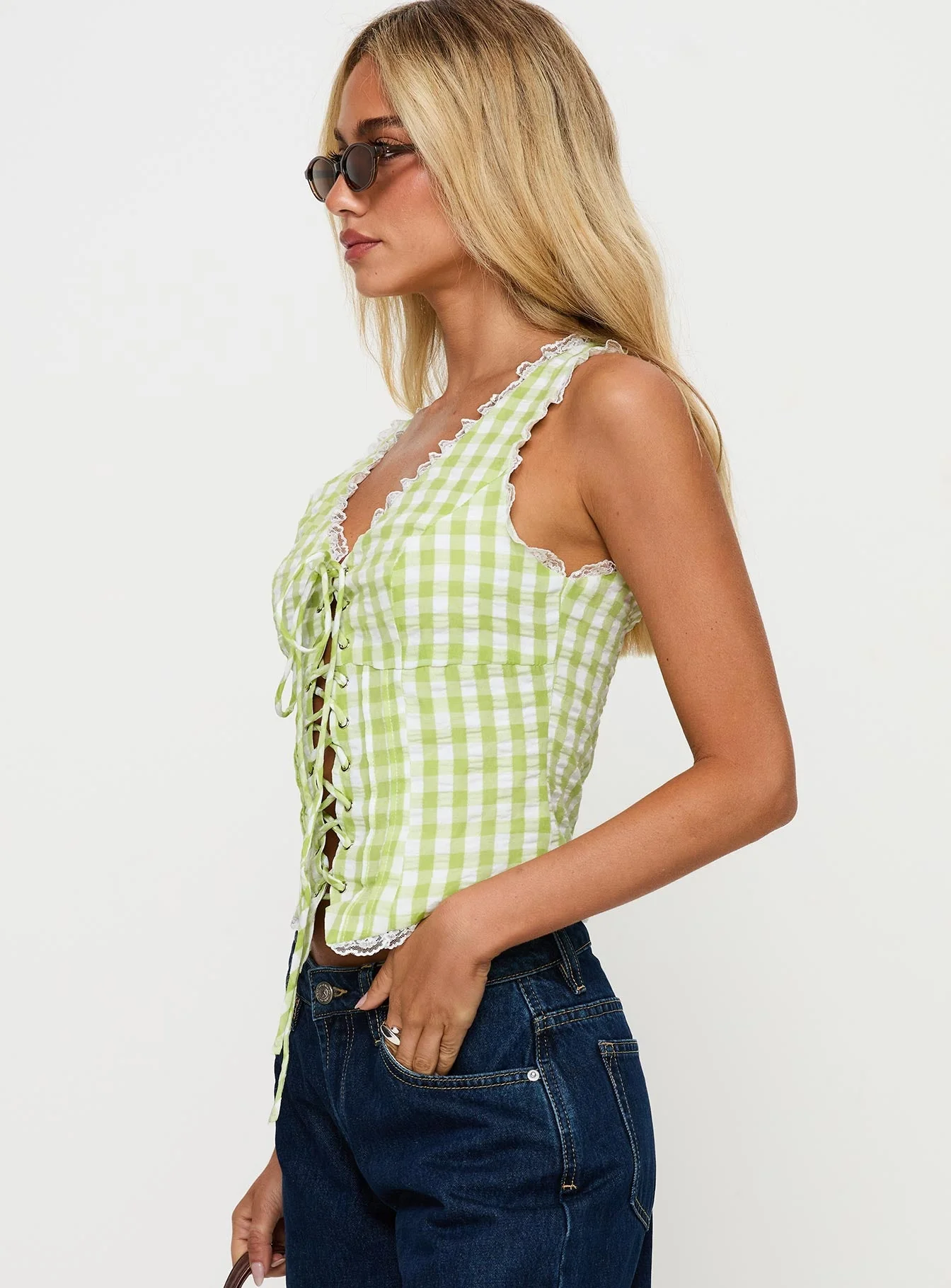 Wayland Tie Up Lace Trim Top Green Check - Image 4