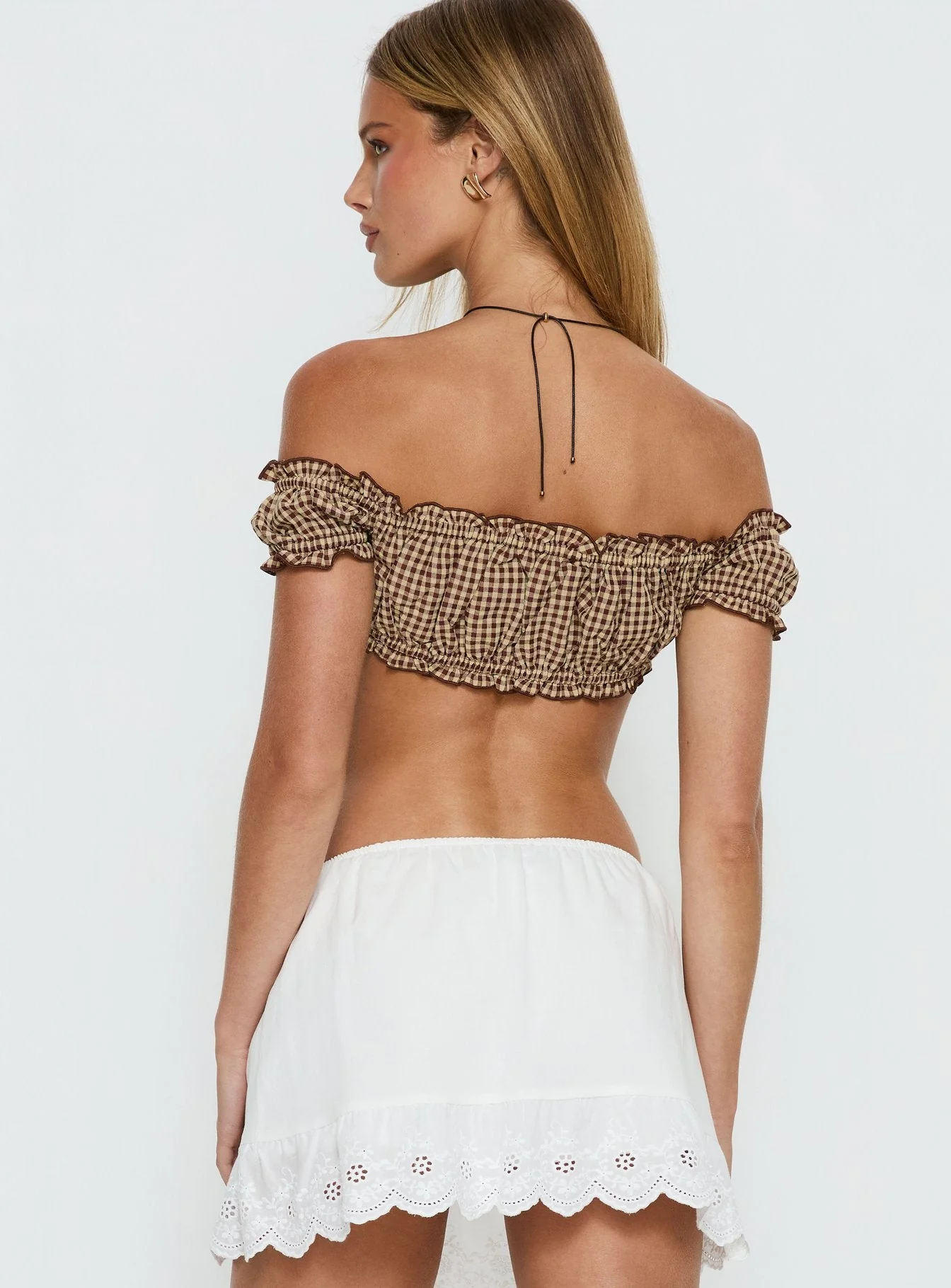 We Can't Stop Ruched Strapless Top Brown Gingham - Image 5