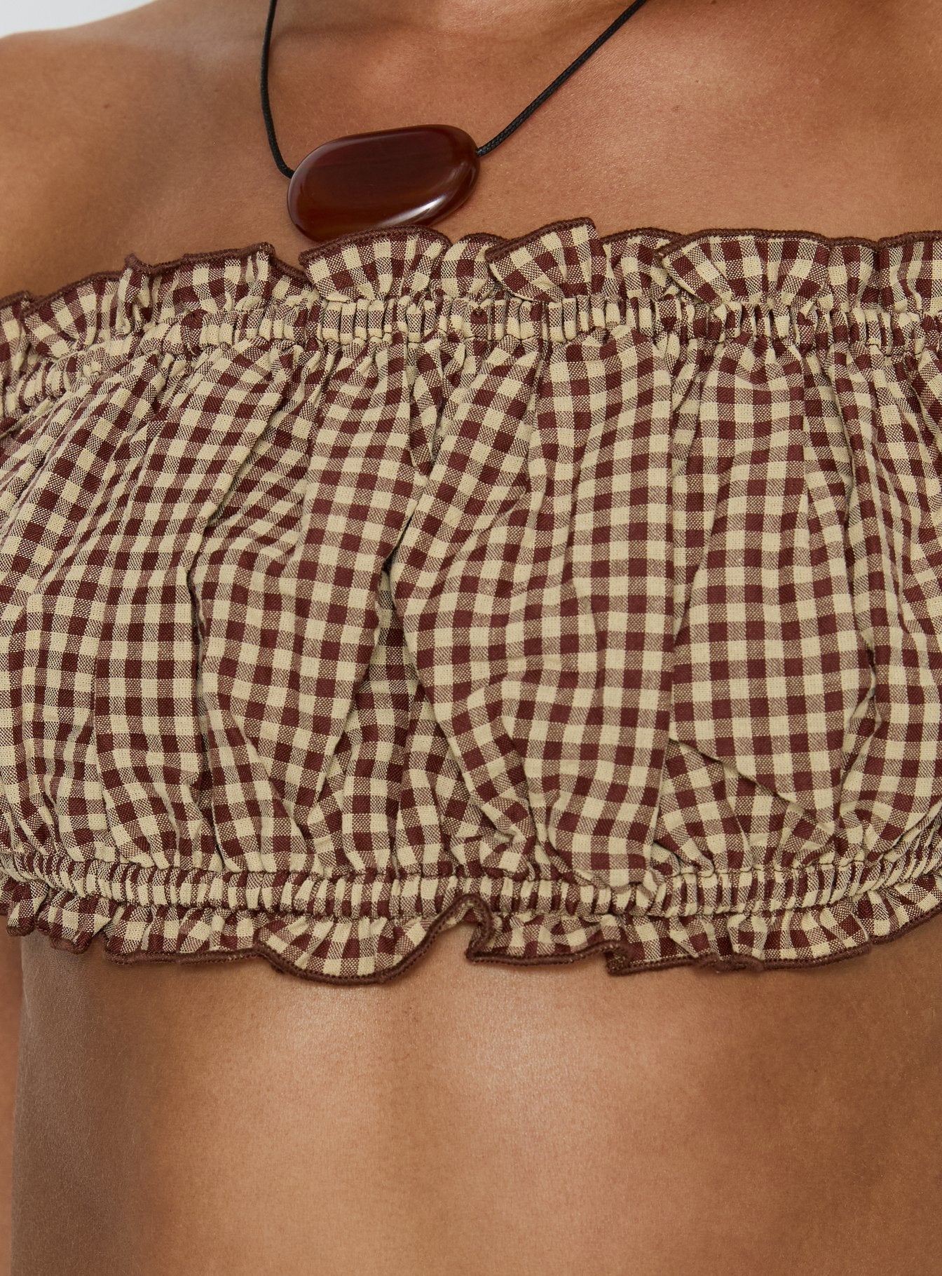 We Can't Stop Ruched Strapless Top Brown Gingham - Image 6