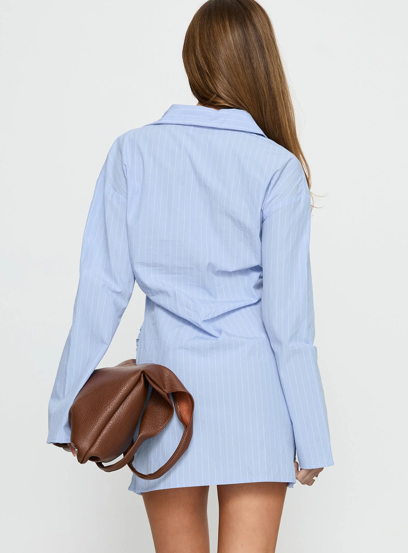 Well Versed Long Sleeve Ruched Shirt Mini Dress Blue - Image 5