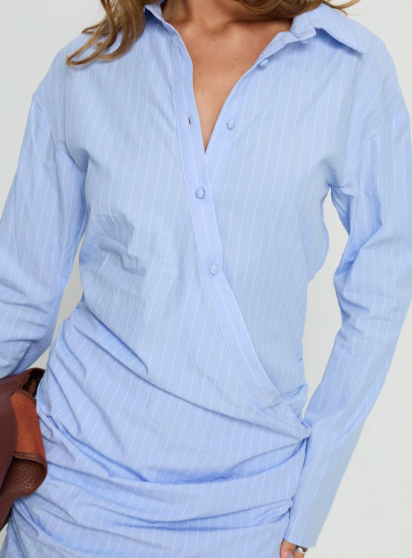 Well Versed Long Sleeve Ruched Shirt Mini Dress Blue - Image 6