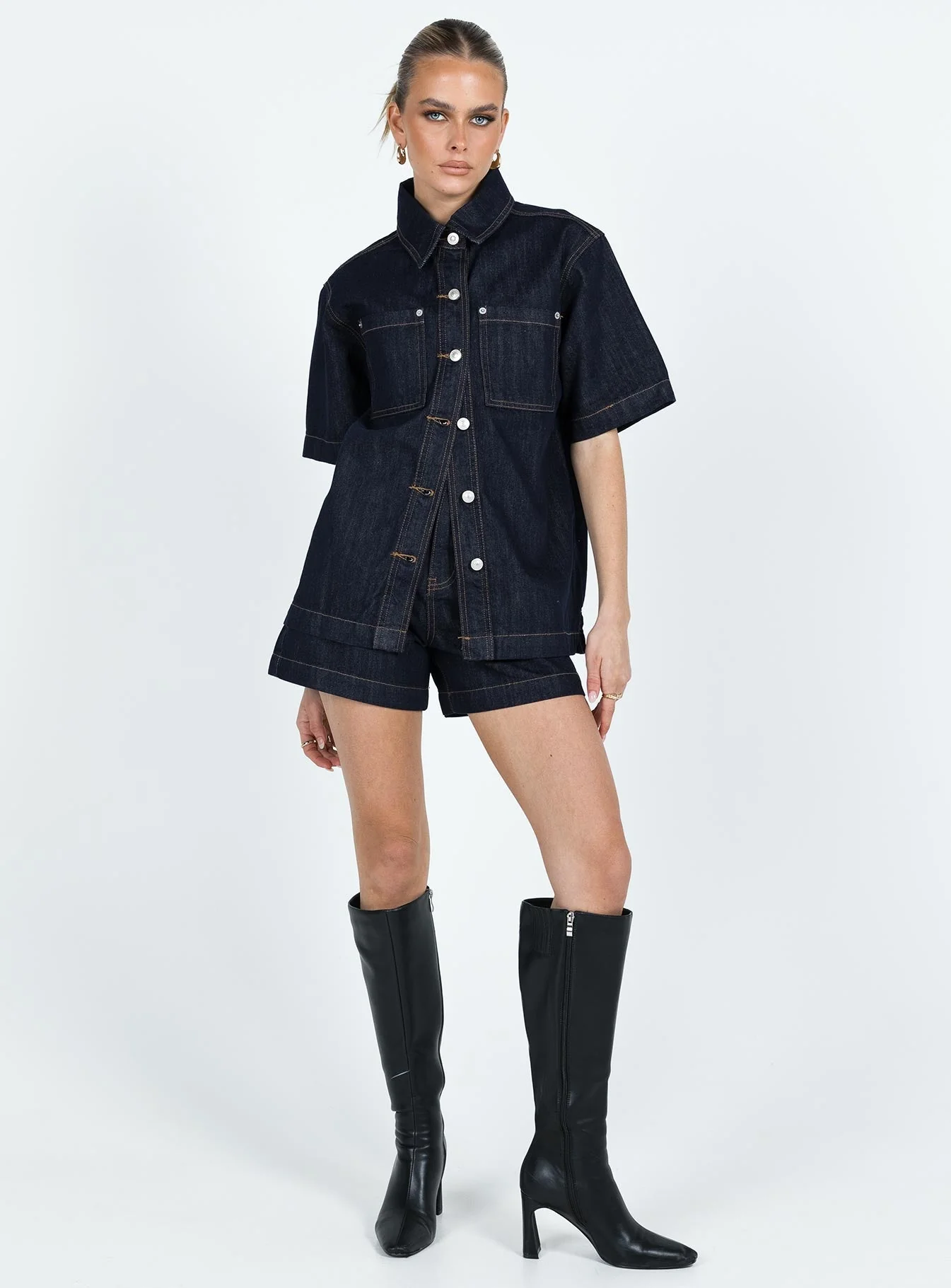 Whitaker Short Sleeve Shacket Dark Denim - Image 3