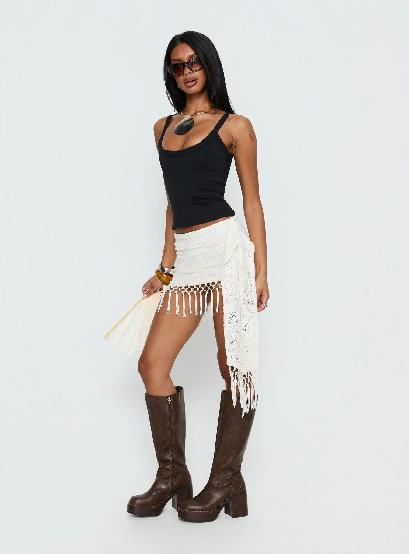 Winita Macrame Tassel Mini Skirt Cream - Image 4