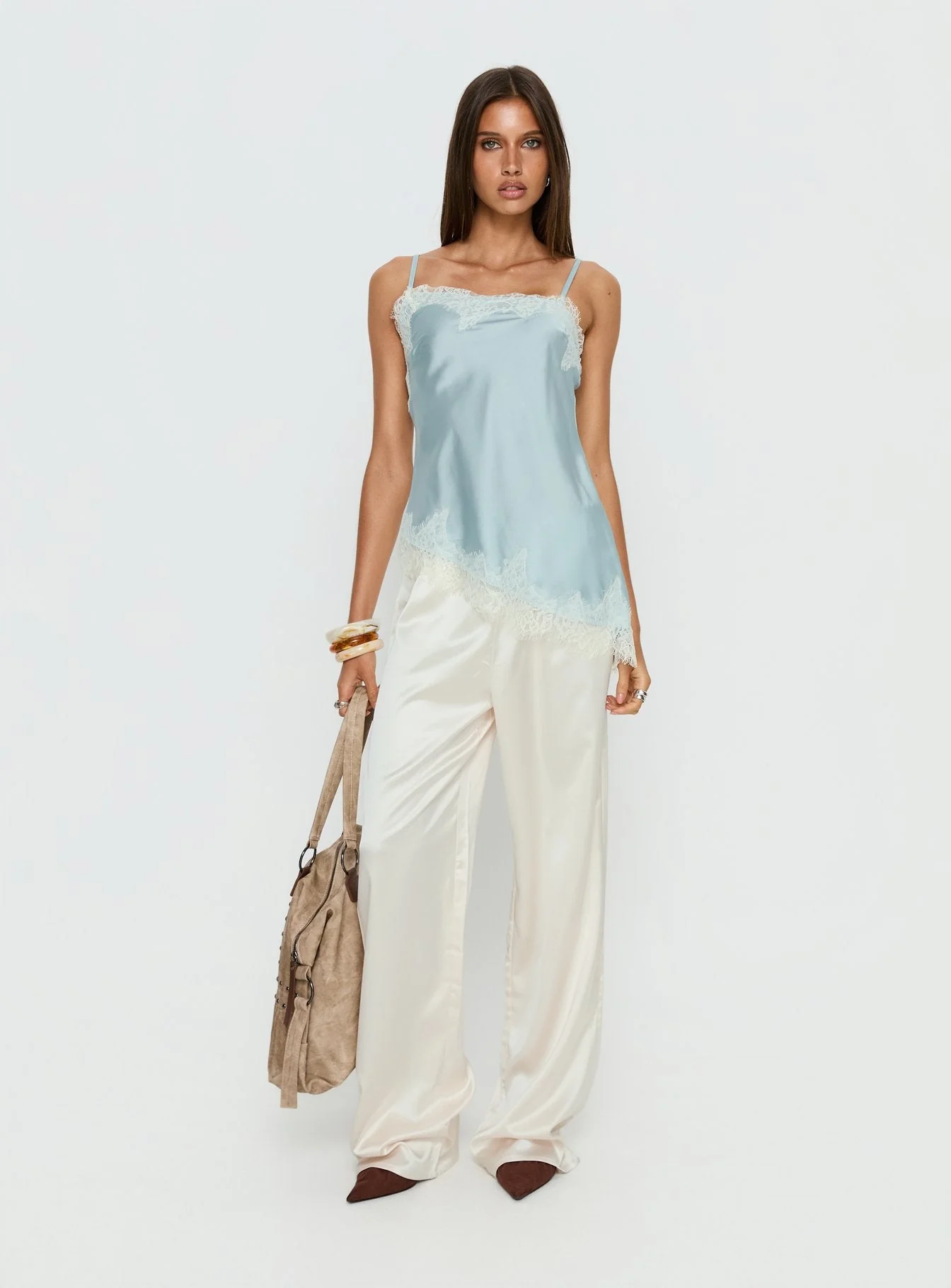 Winta Lace Trim Asymmetrical Satin Top Blue - Image 3