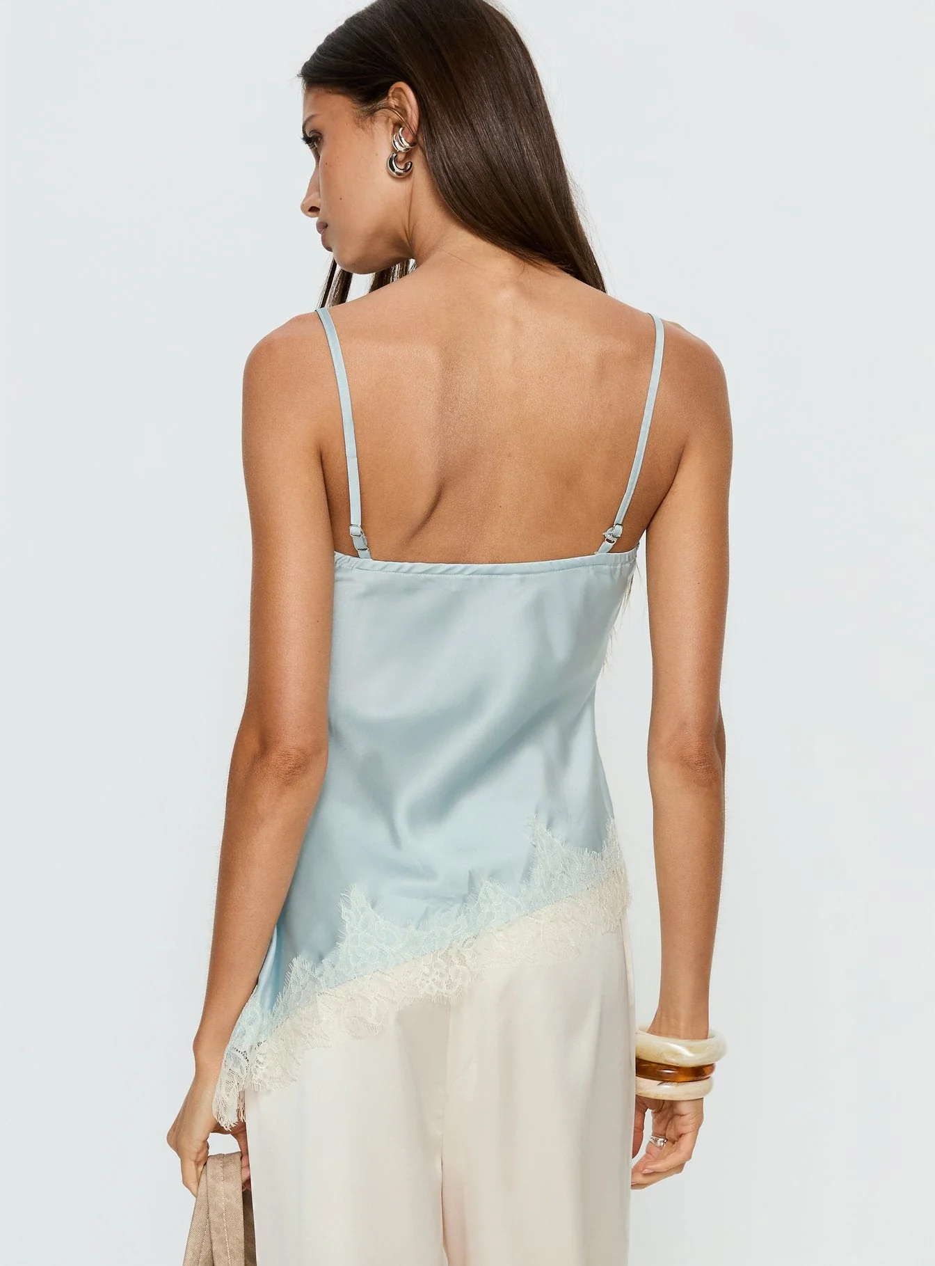 Winta Lace Trim Asymmetrical Satin Top Blue - Image 5