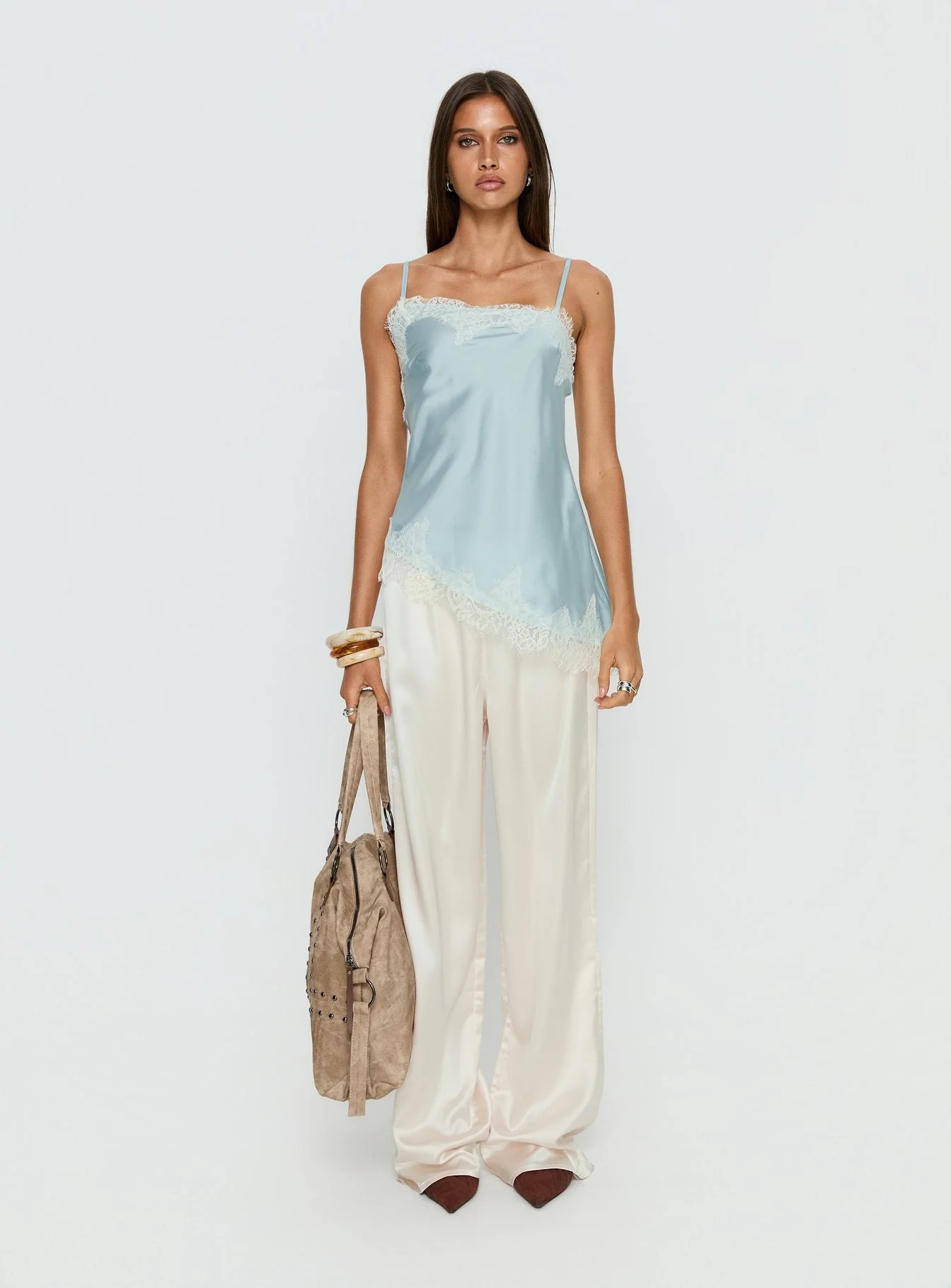 Winta Lace Trim Asymmetrical Satin Top Blue - Image 7