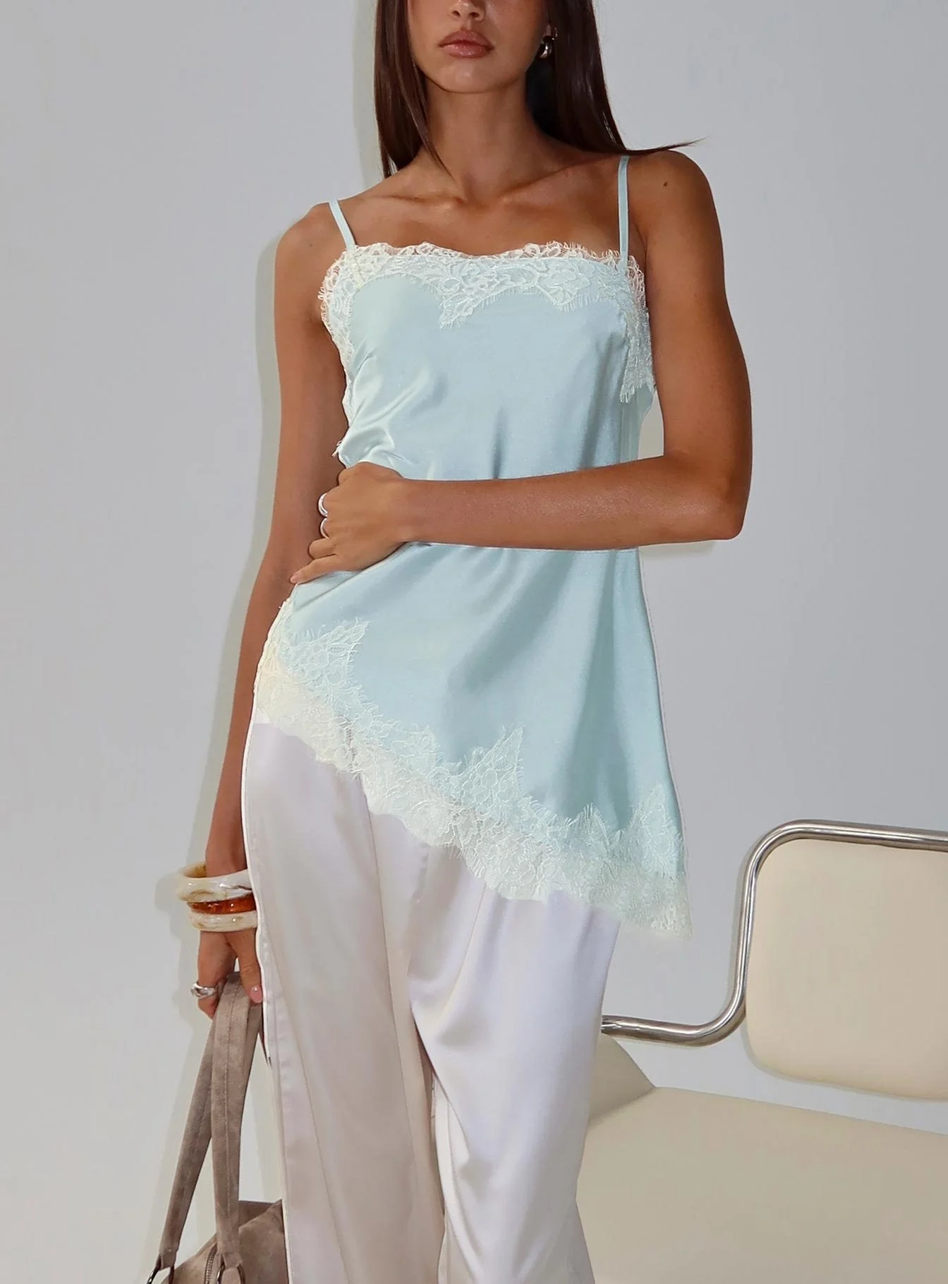 Winta Lace Trim Asymmetrical Satin Top Blue - Image 8
