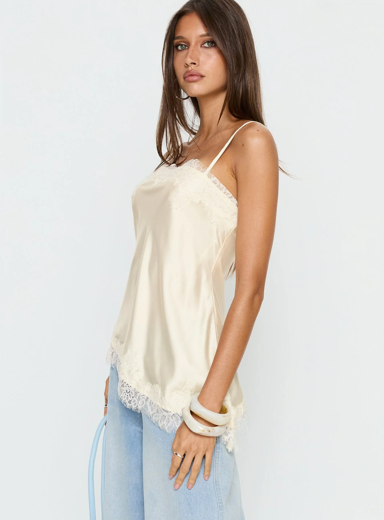Winta Lace Trim Asymmetrical Satin Top Cream - Image 4