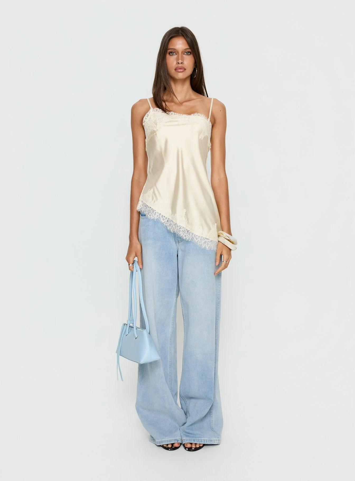 Winta Lace Trim Asymmetrical Satin Top Cream - Image 7