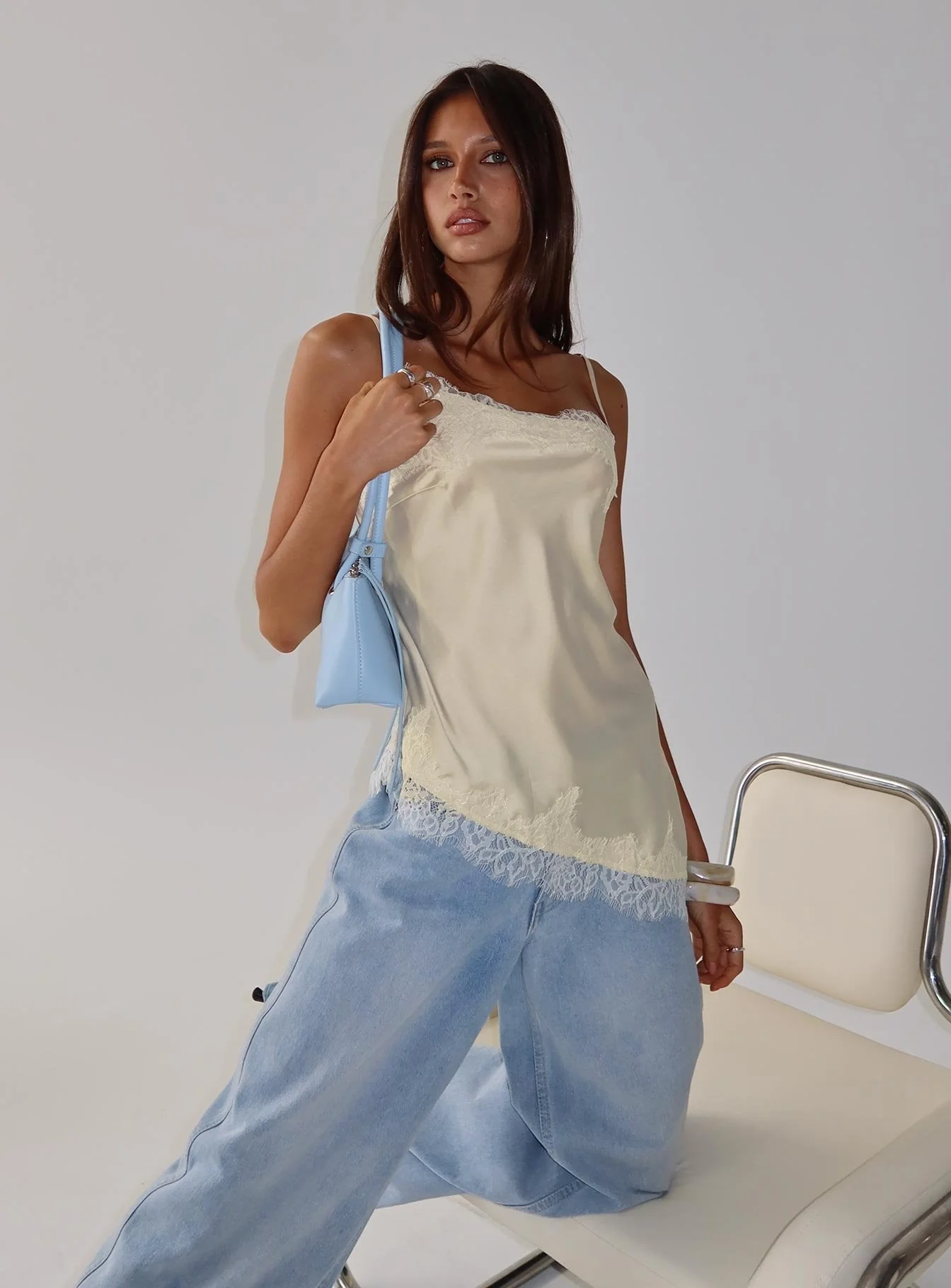 Winta Lace Trim Asymmetrical Satin Top Cream - Image 8