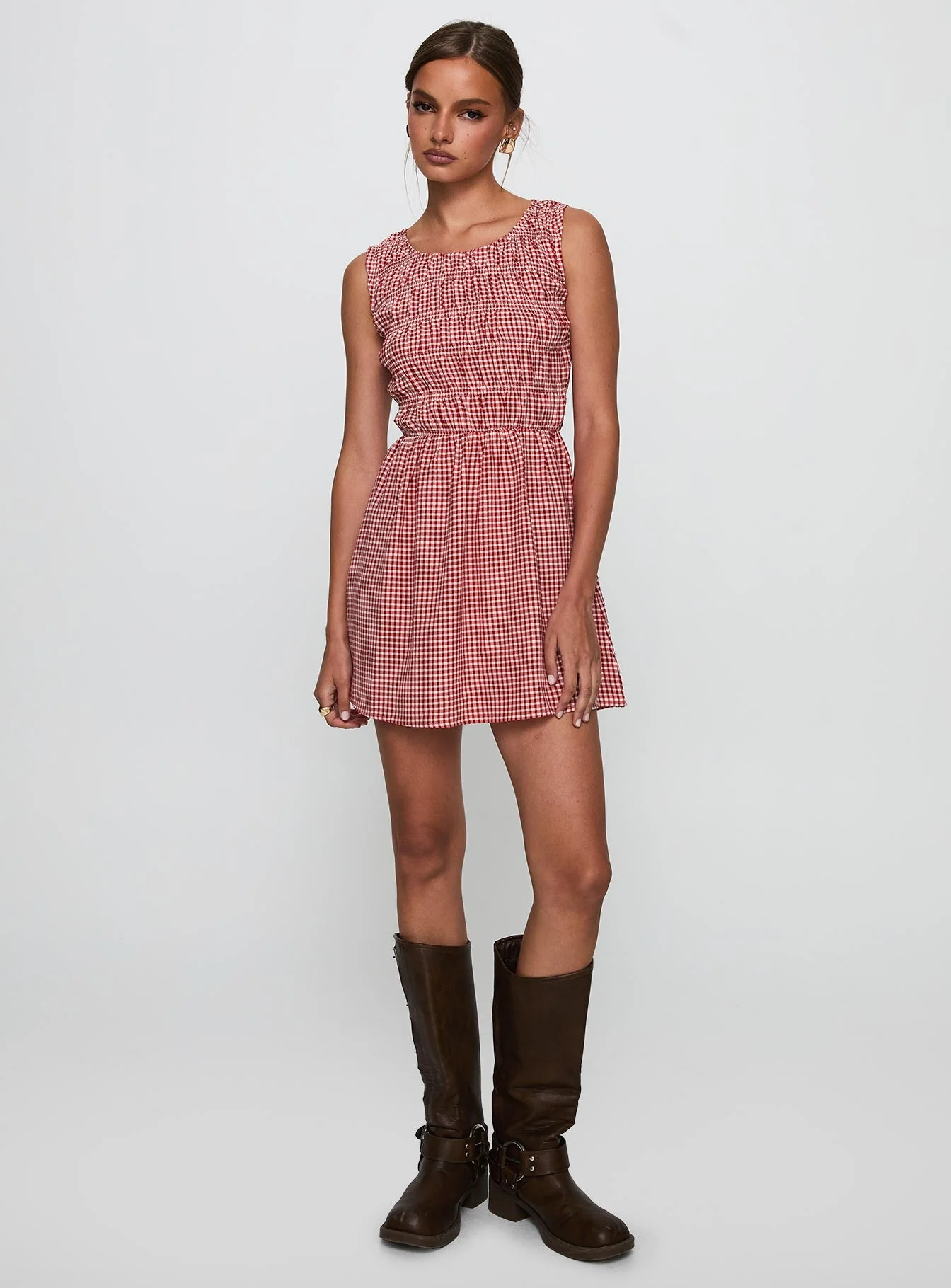Winxie Shirred Mini Dress Red Gingham - Image 2