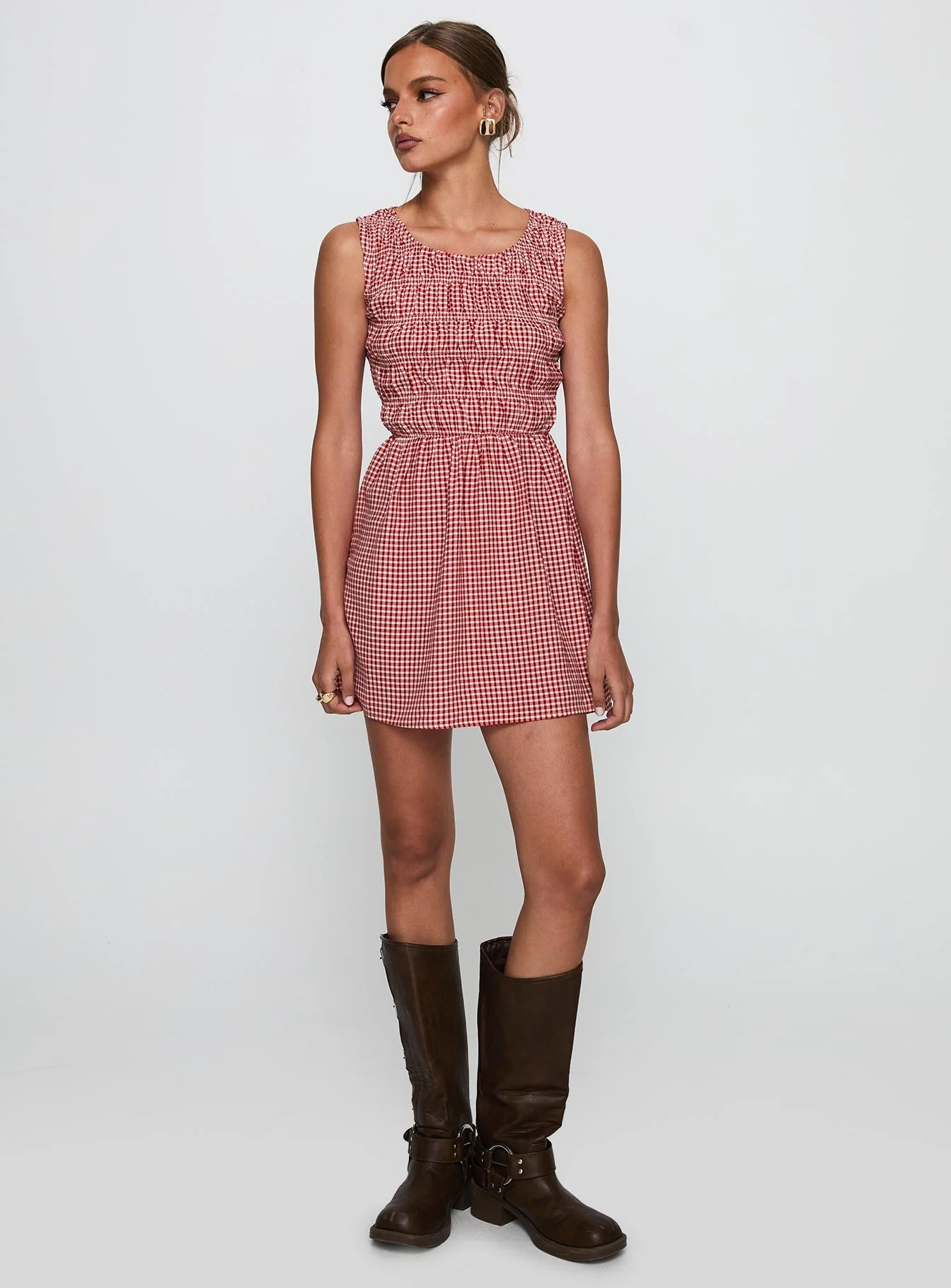 Winxie Shirred Mini Dress Red Gingham - Image 3