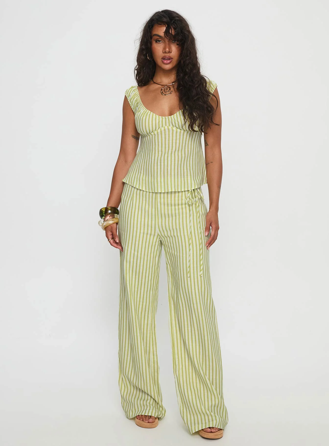 With Pleasure Puff Sleeve Linen Blouse Top Green / Blue Stripe - Image 3