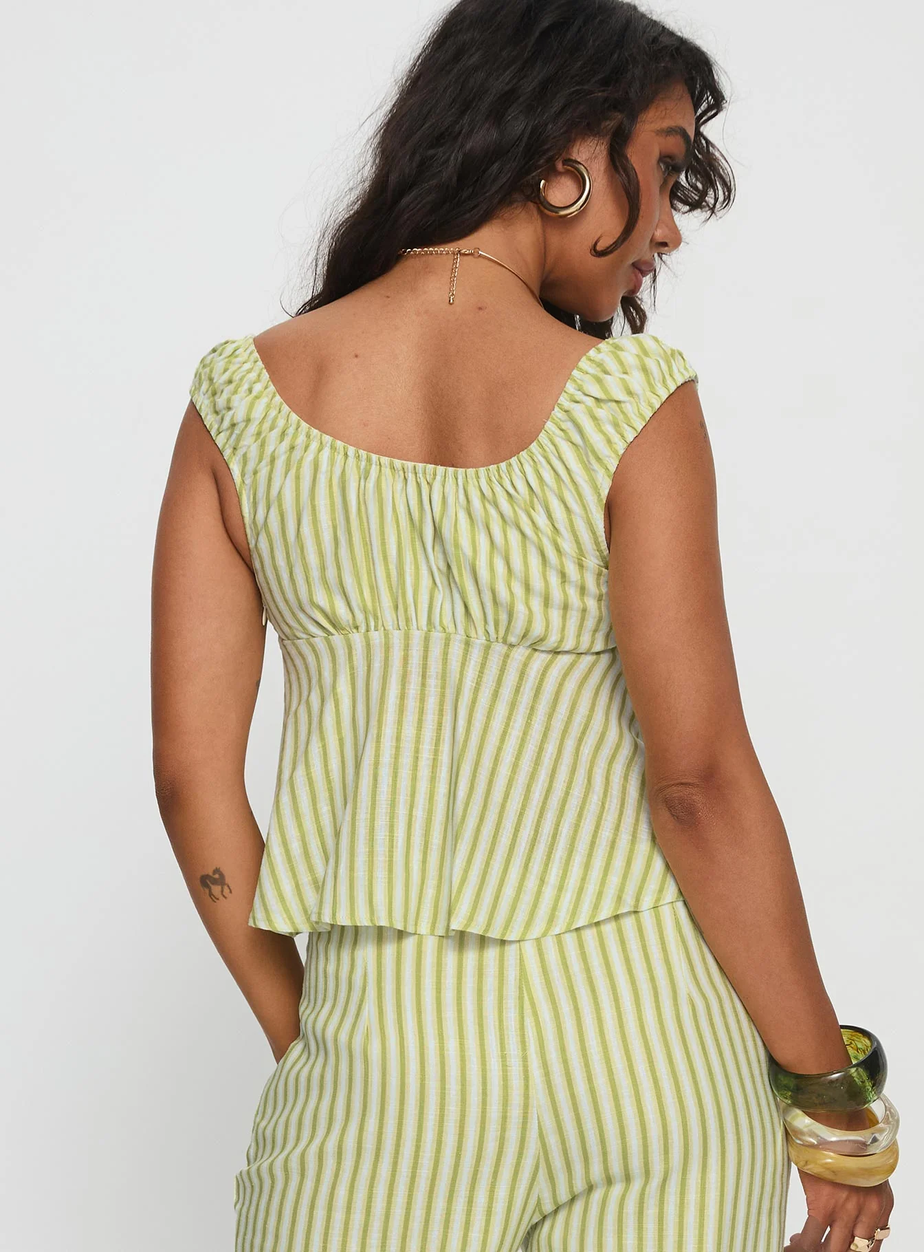 With Pleasure Puff Sleeve Linen Blouse Top Green / Blue Stripe - Image 5