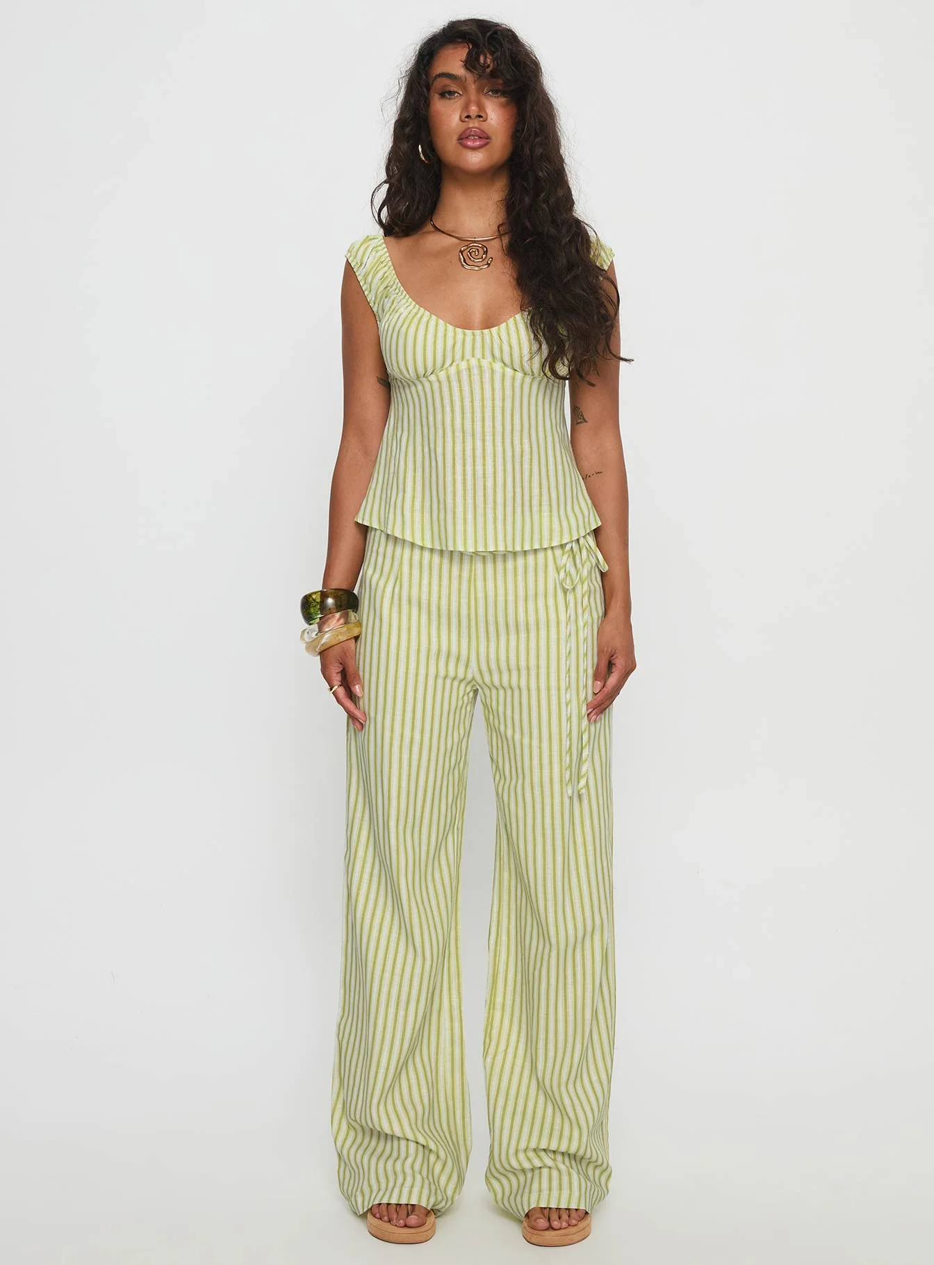 With Pleasure Puff Sleeve Linen Blouse Top Green / Blue Stripe - Image 7