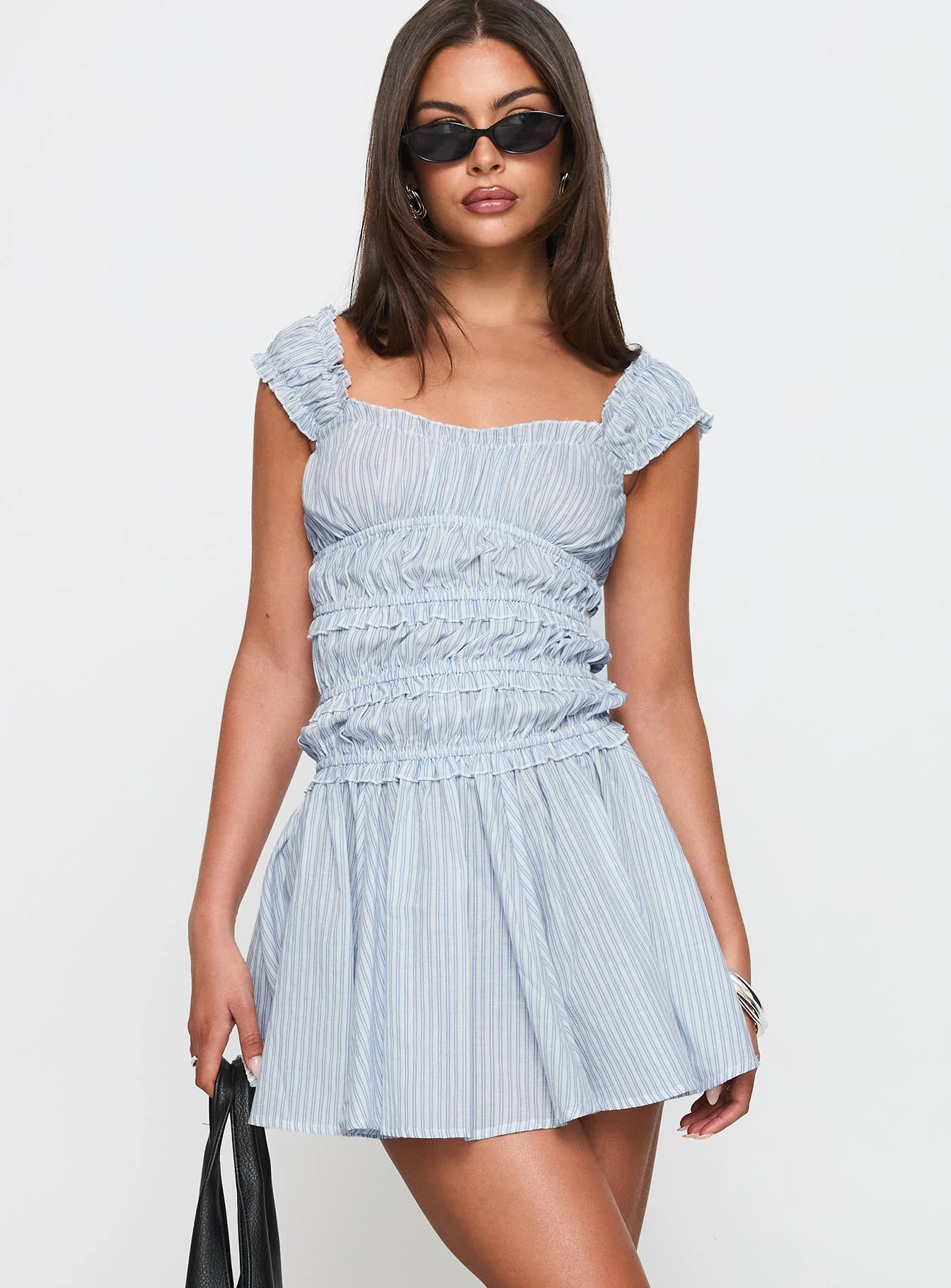 Wonderlust Shirred Mini Dress Blue Stripe - Image 2