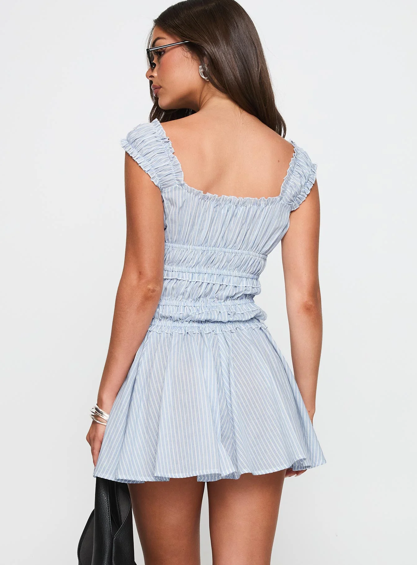 Wonderlust Shirred Mini Dress Blue Stripe - Image 5