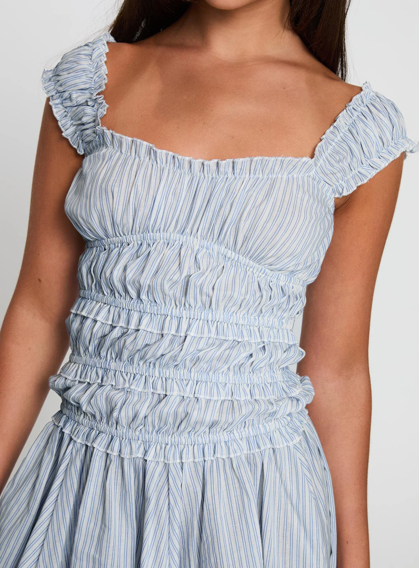 Wonderlust Shirred Mini Dress Blue Stripe - Image 6