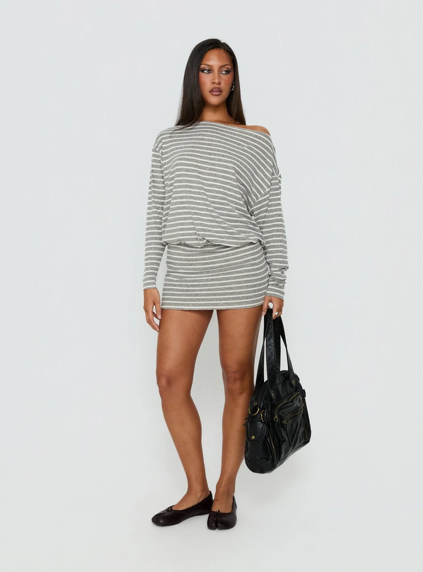 Worlds Away Long Sleeve Blouson Mini Dress Grey / White Stripe - Image 2