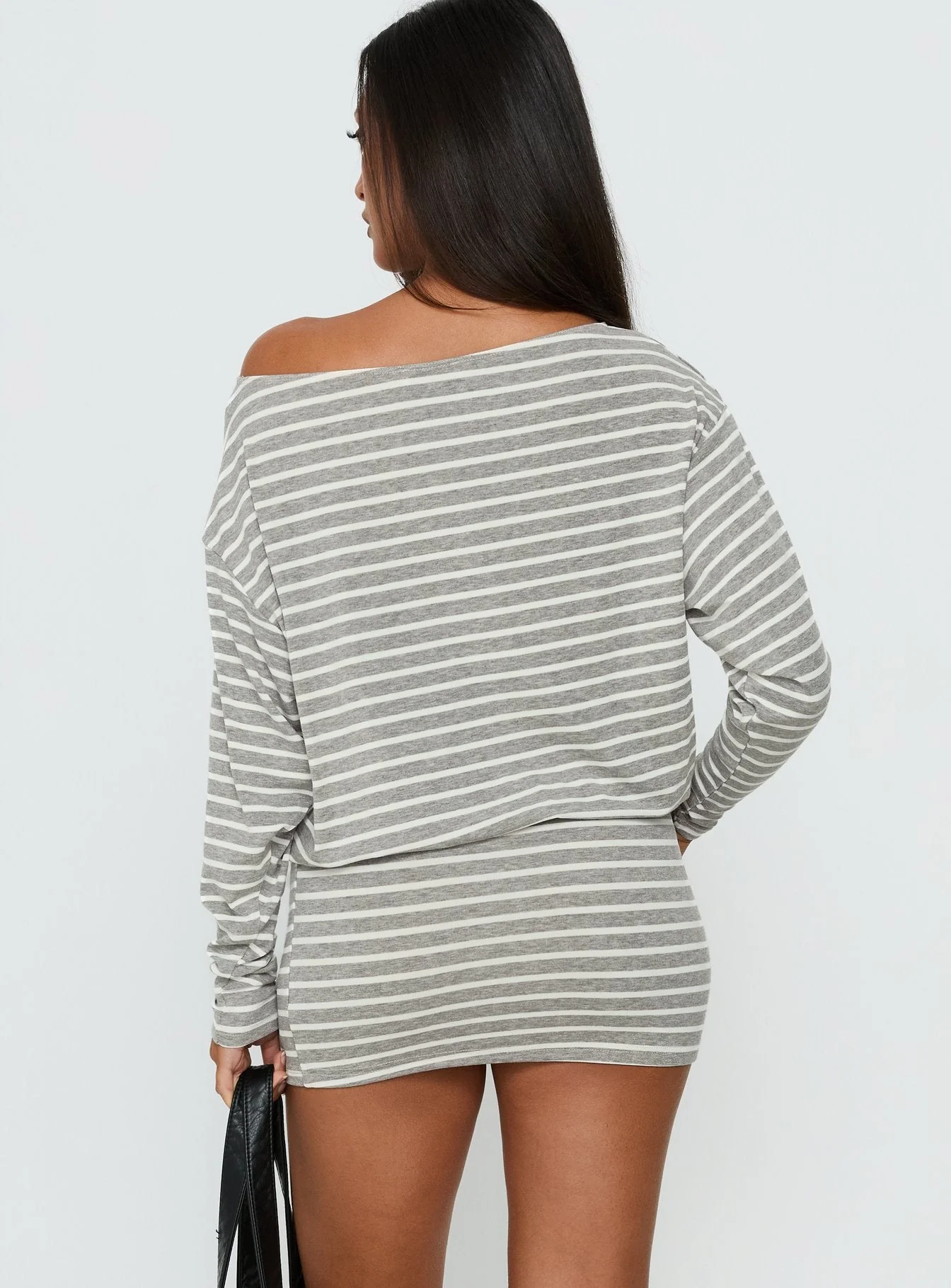 Worlds Away Long Sleeve Blouson Mini Dress Grey / White Stripe - Image 4
