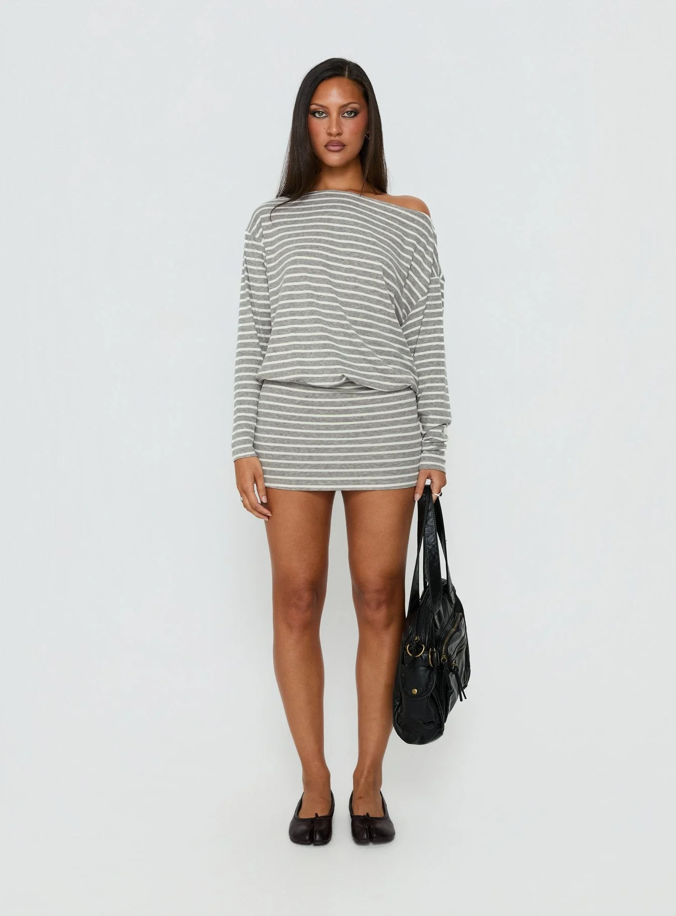 Worlds Away Long Sleeve Blouson Mini Dress Grey / White Stripe - Image 6