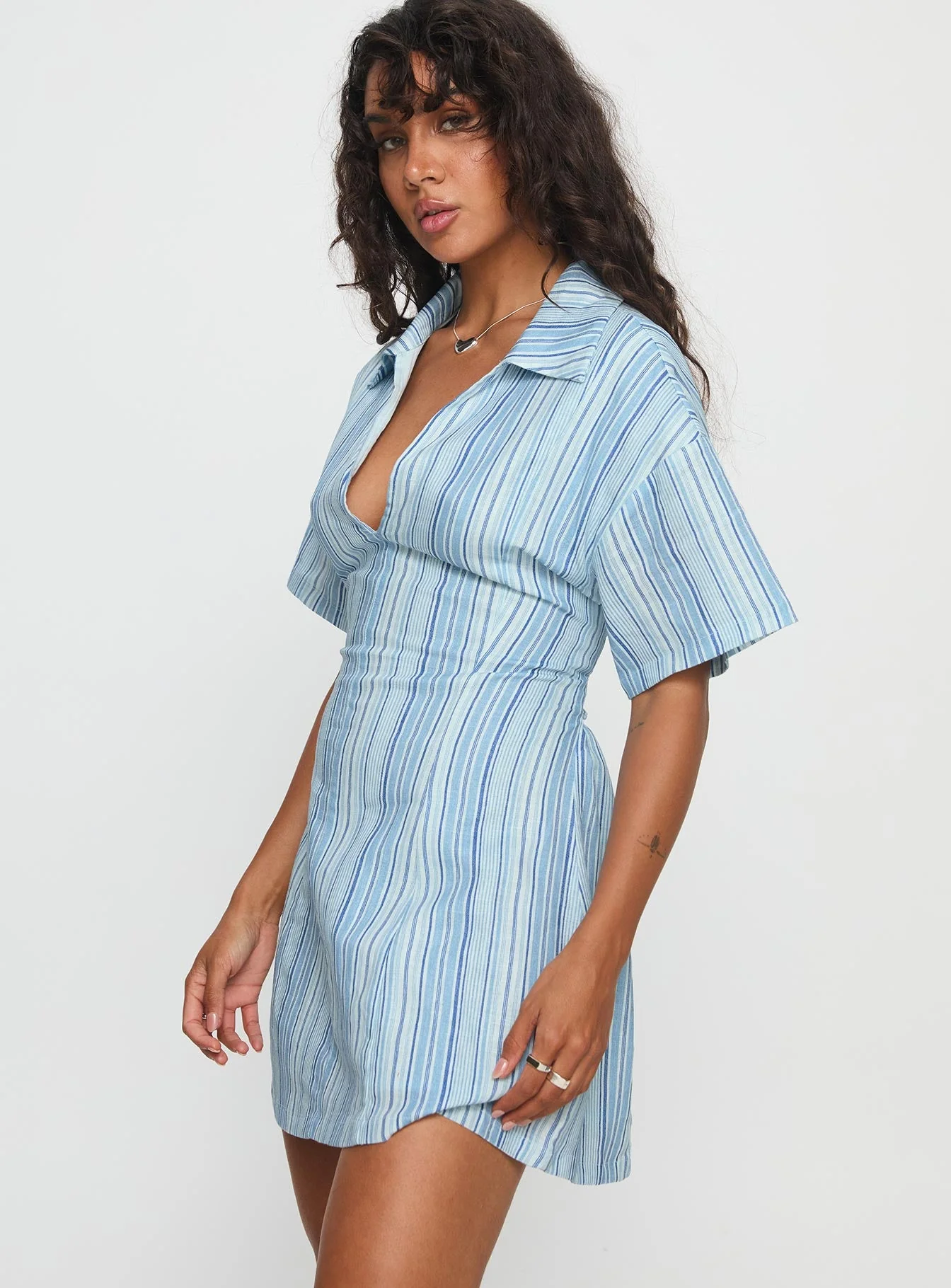 Wylla V Neck Linen Mini Dress Blue Stripe - Image 4