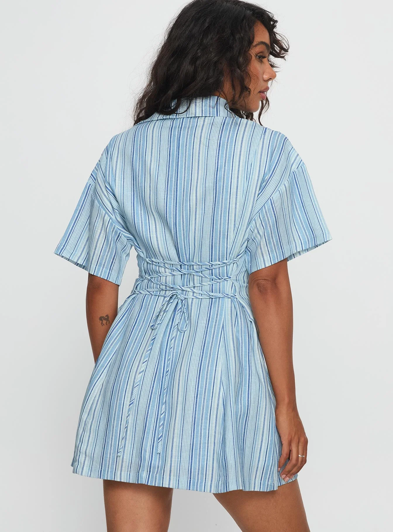 Wylla V Neck Linen Mini Dress Blue Stripe - Image 5