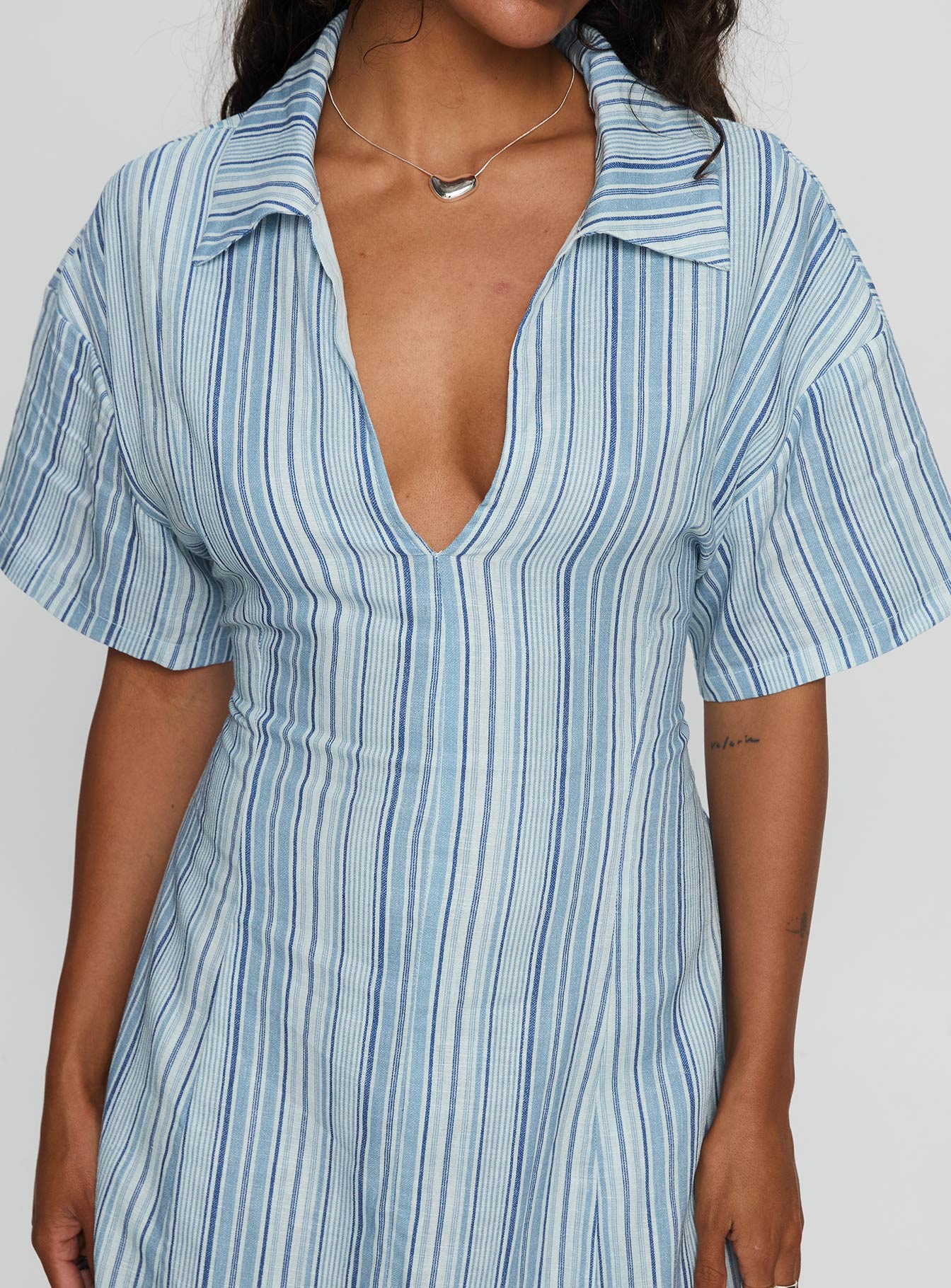 Wylla V Neck Linen Mini Dress Blue Stripe - Image 6