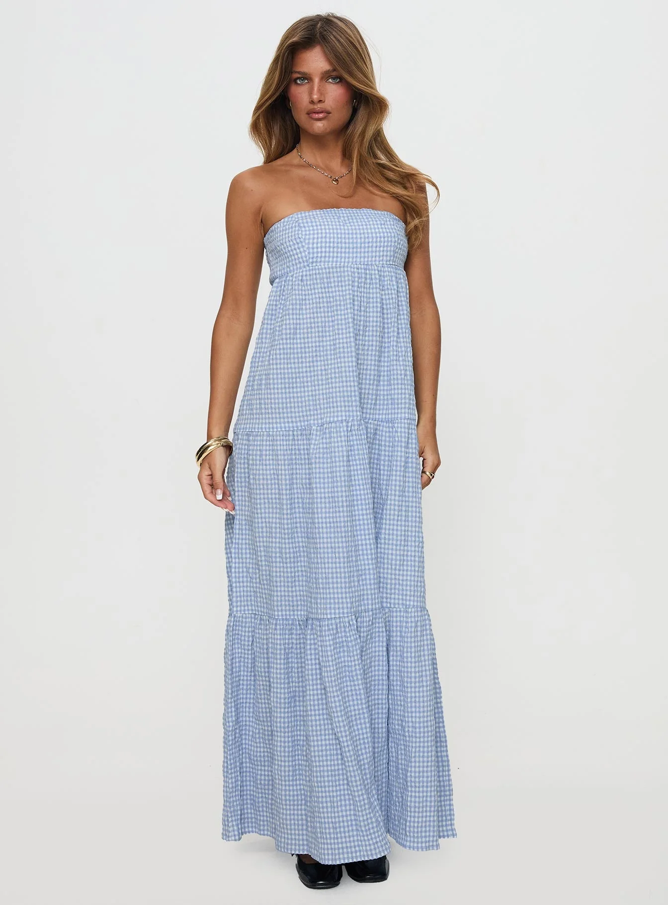 Wynnie Strapless Maxi Dress Blue Check - Image 2