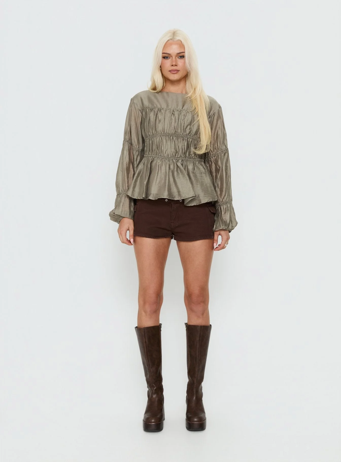 Xamira Ruched Long Sleeve Top Olive - Image 6