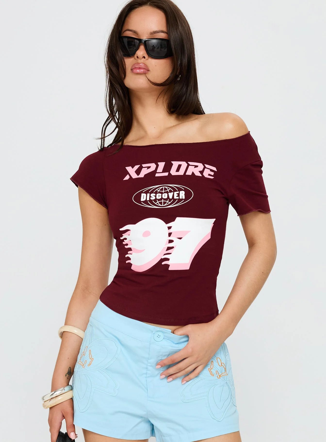 Xplore 97 Off Shoulder Graphic Top Burgundy - Image 2