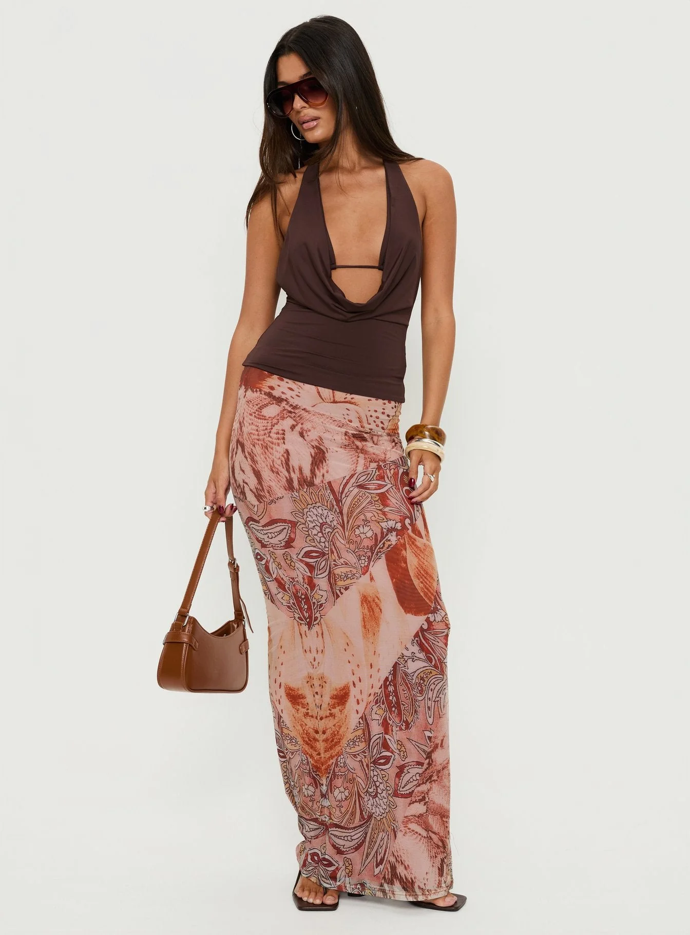 Xylia Plunge Neck Tie Back Top Chocolate - Image 3
