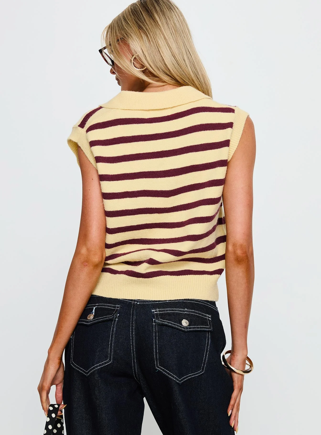 Yuliya Collared Sleeveless Top Lemon / Burgundy Stripe - Image 5