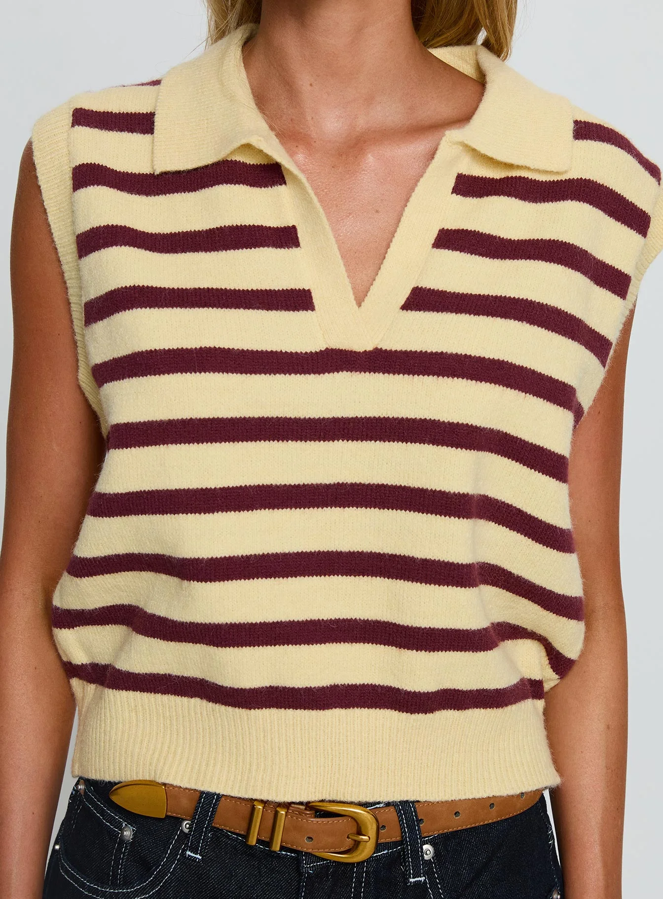 Yuliya Collared Sleeveless Top Lemon / Burgundy Stripe - Image 6