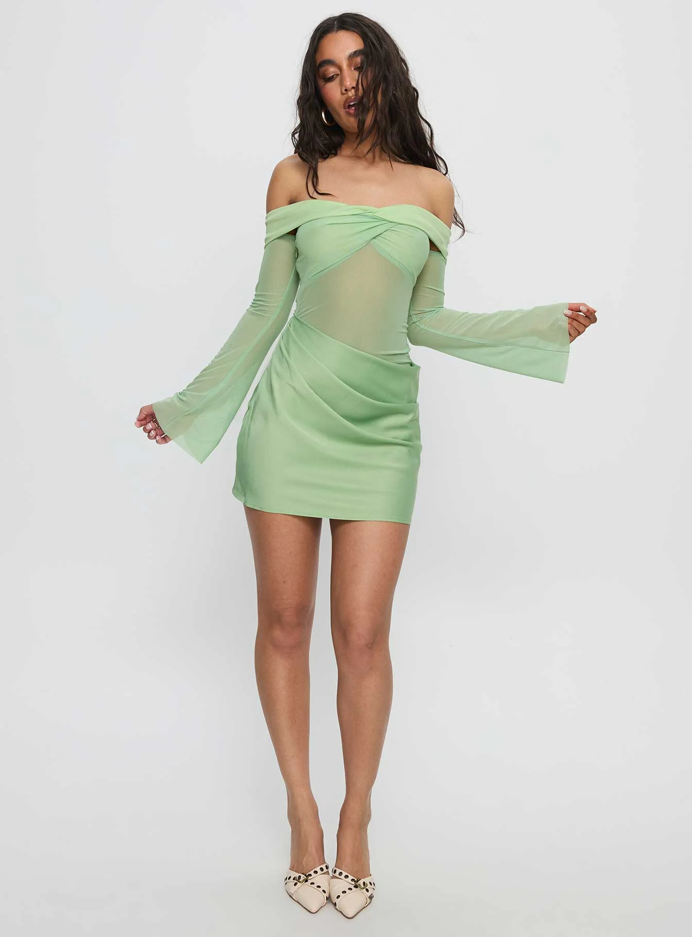 Zaize Long Sleeve Twist Mini Dress Sage - Image 2