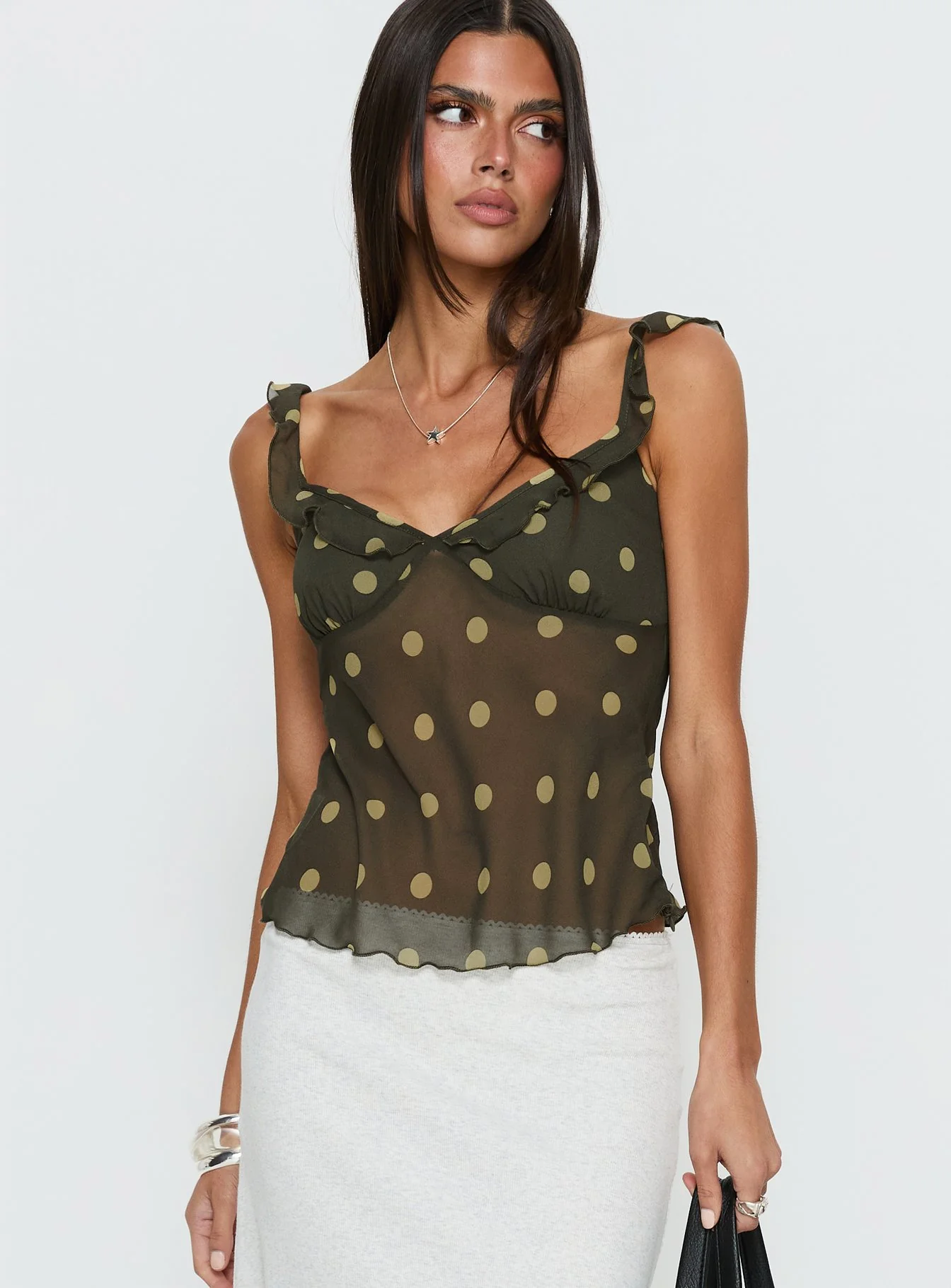 Zayliah Frill Detail Top Green Polka - Image 2