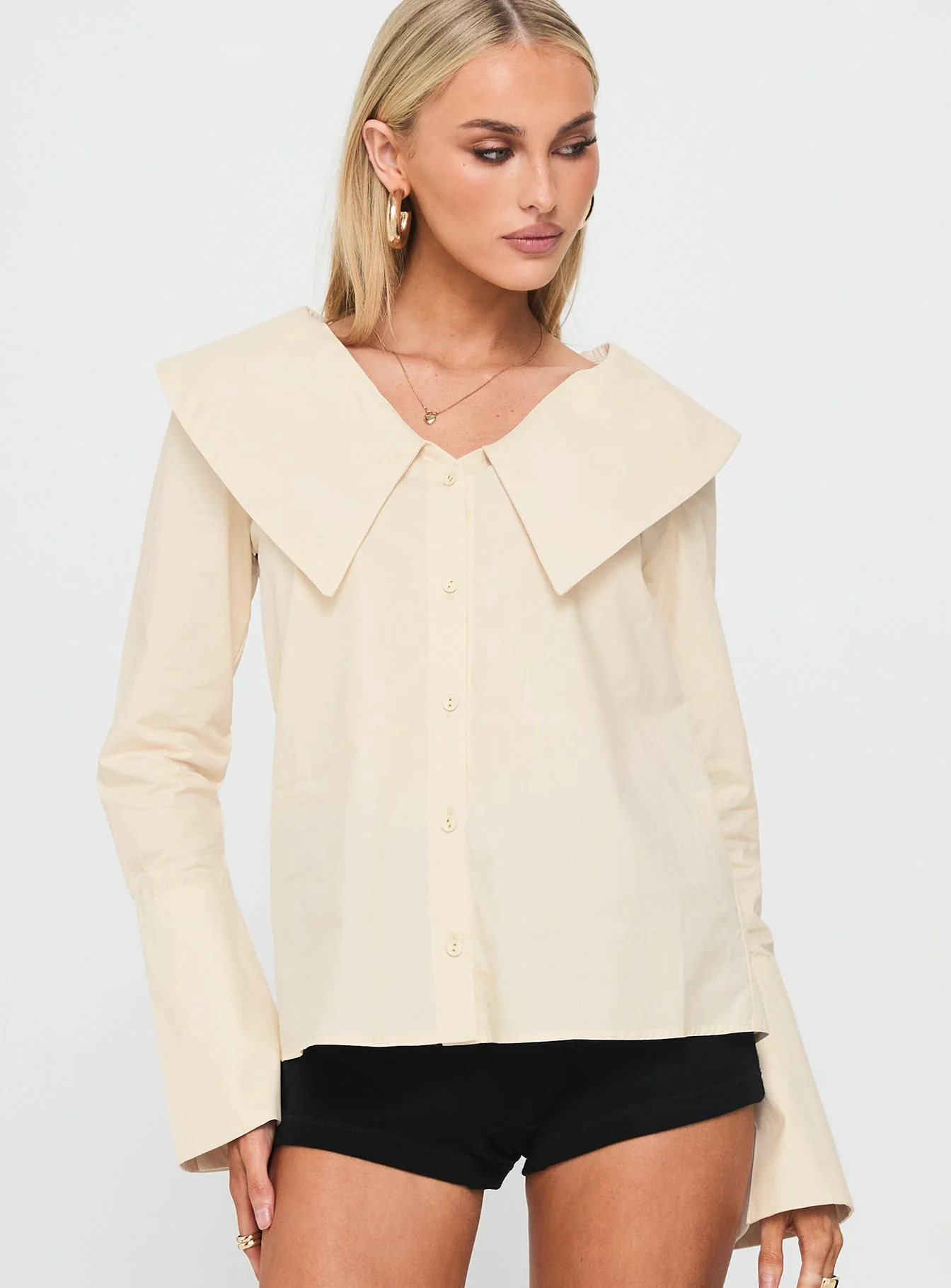 Zelina Oversized Collar Long Sleeve Top Beige - Image 2