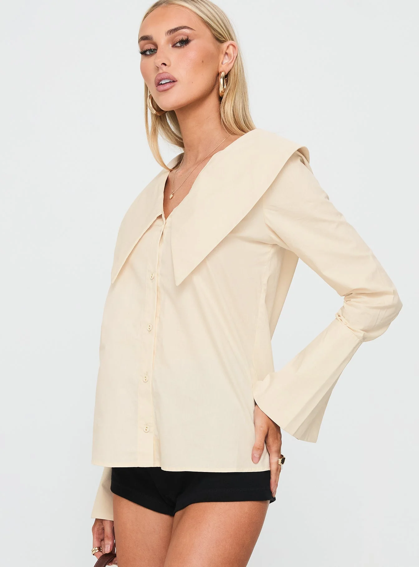 Zelina Oversized Collar Long Sleeve Top Beige - Image 4
