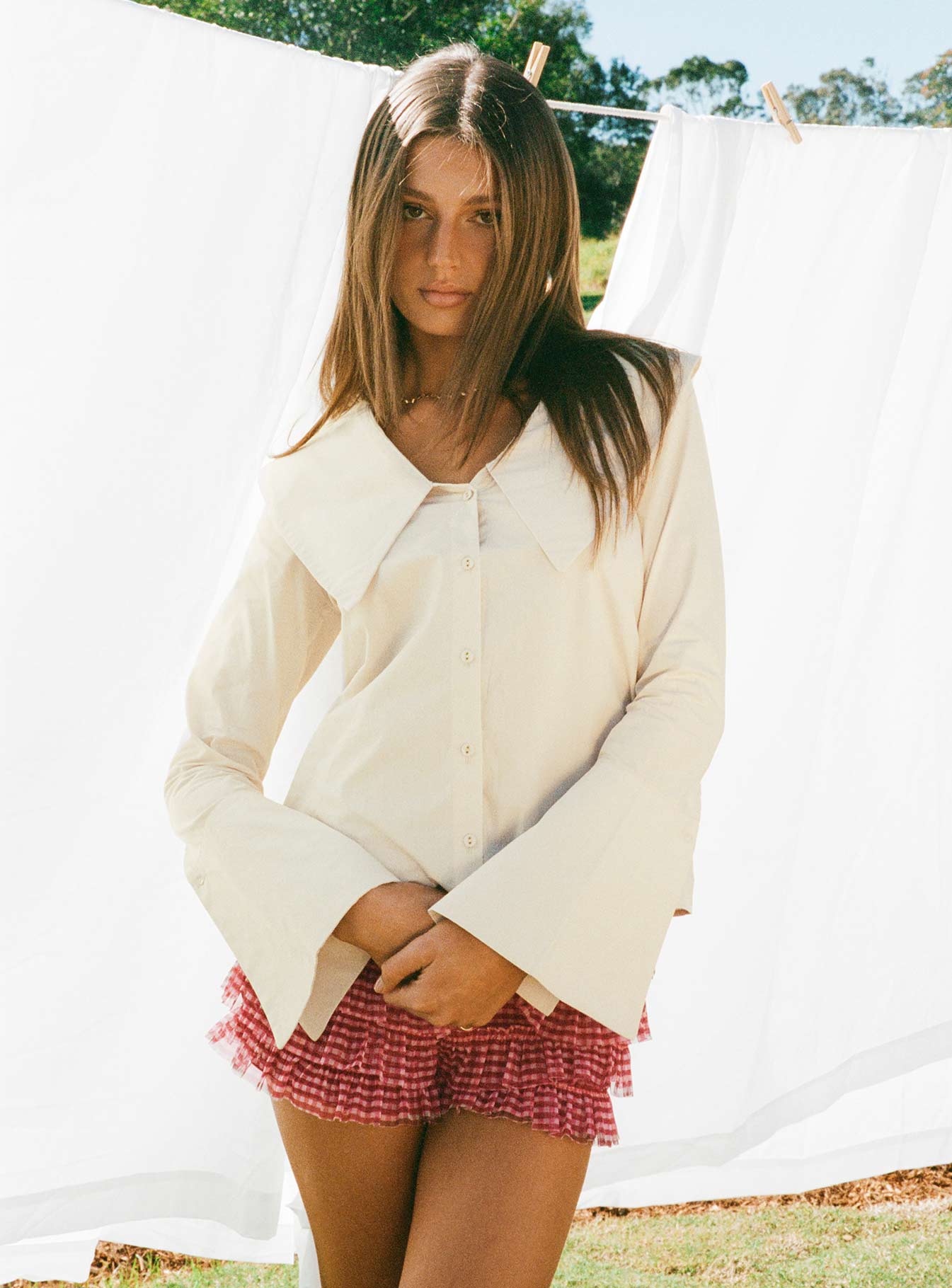 Zelina Oversized Collar Long Sleeve Top Beige - Image 9