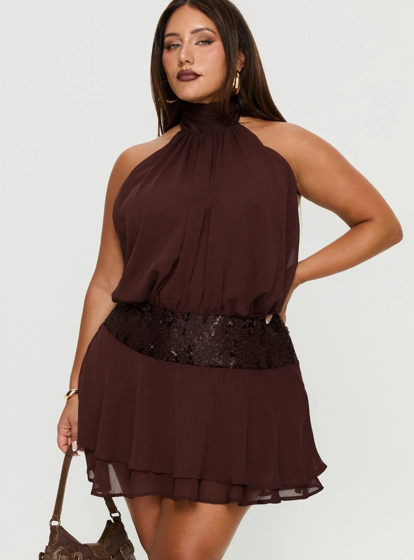 Zenayda Drop Waist Sequin Mini Dress Brown Curve - Image 2