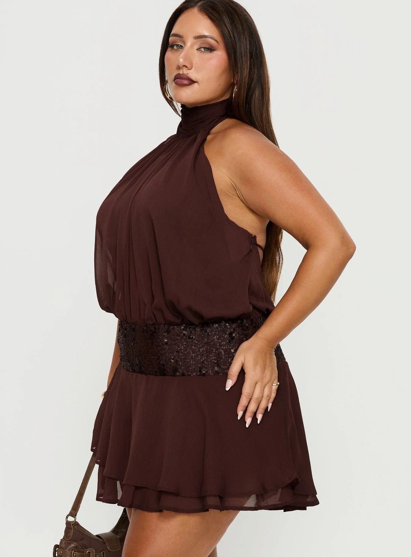 Zenayda Drop Waist Sequin Mini Dress Brown Curve - Image 4