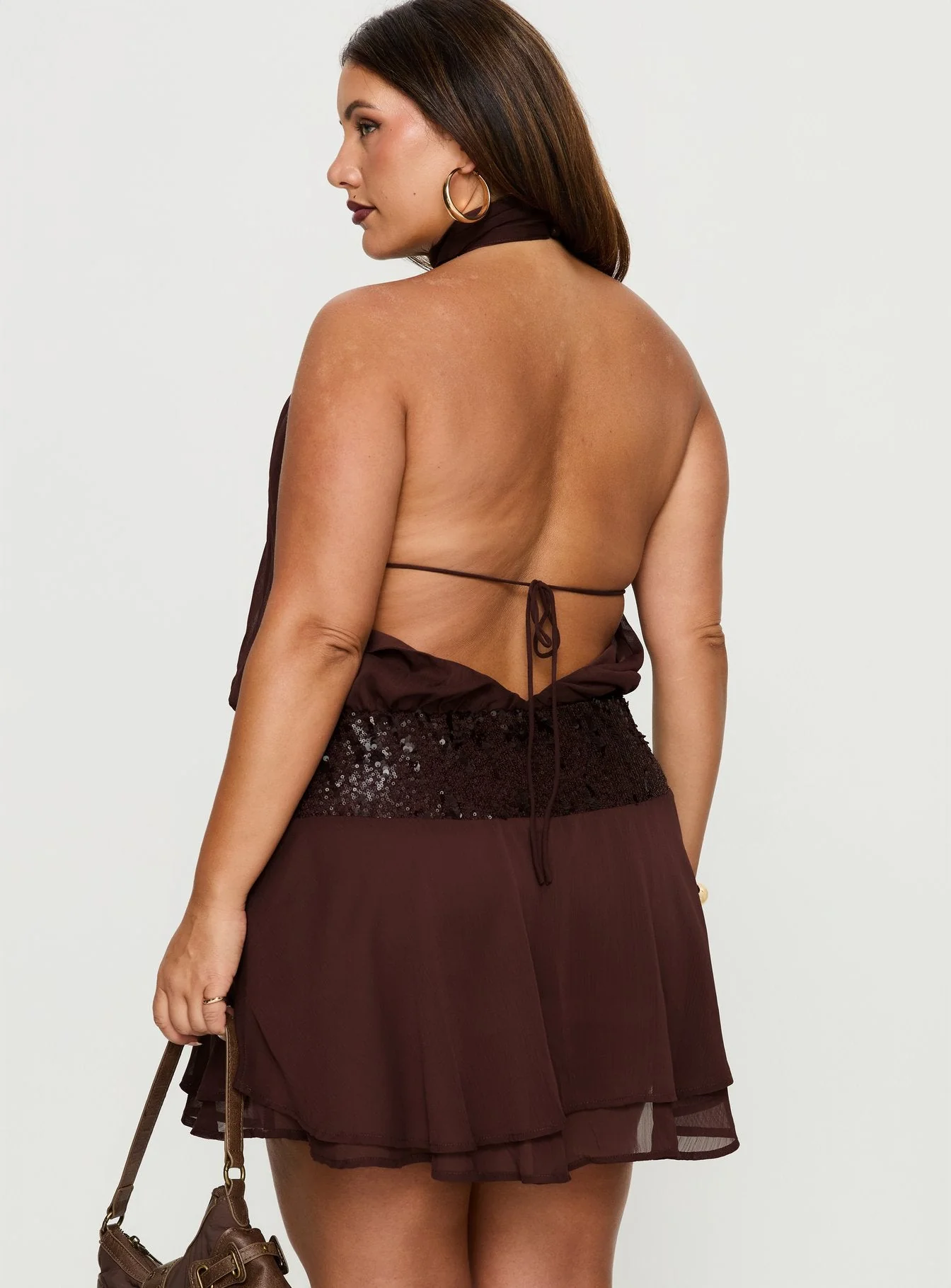 Zenayda Drop Waist Sequin Mini Dress Brown Curve - Image 5