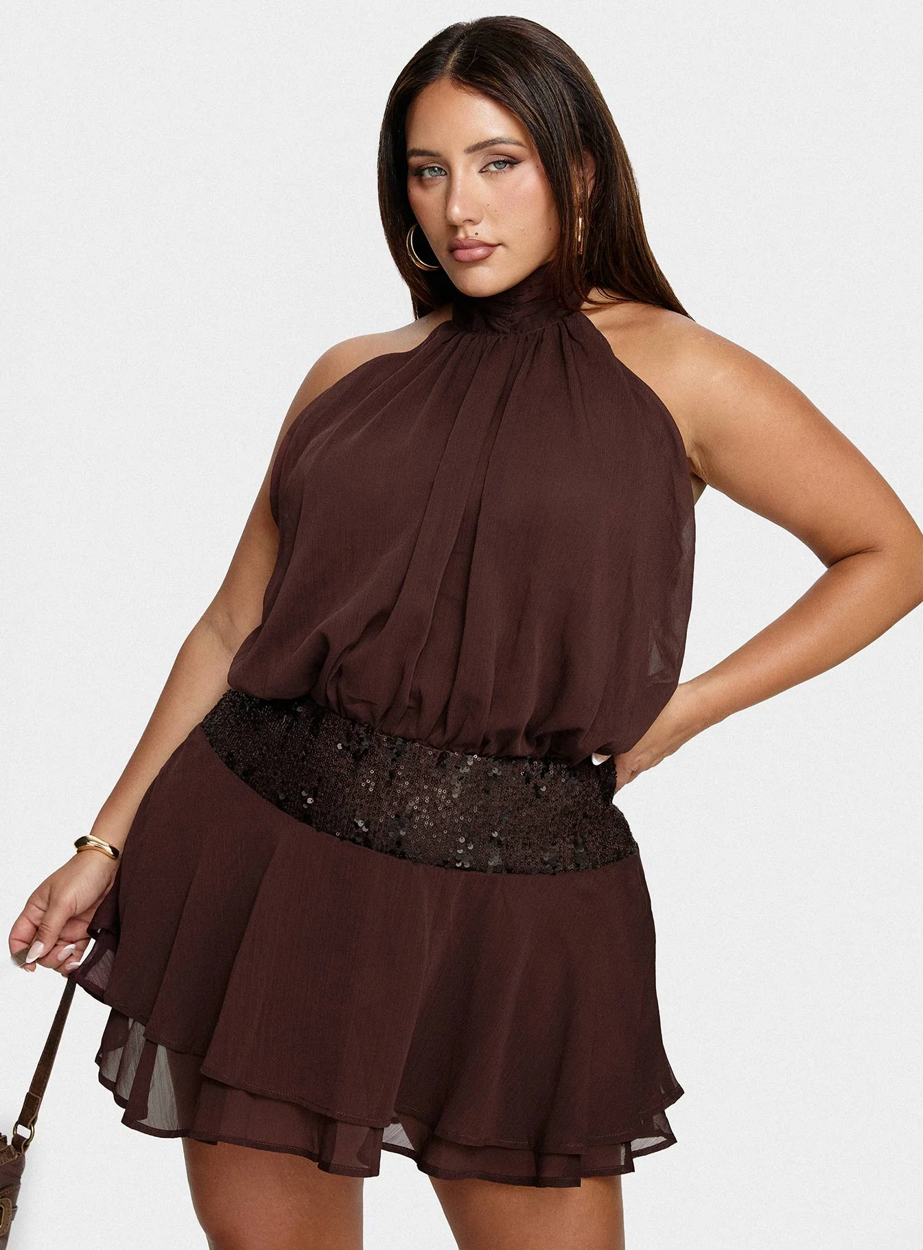 Zenayda Drop Waist Sequin Mini Dress Brown Curve - Image 8